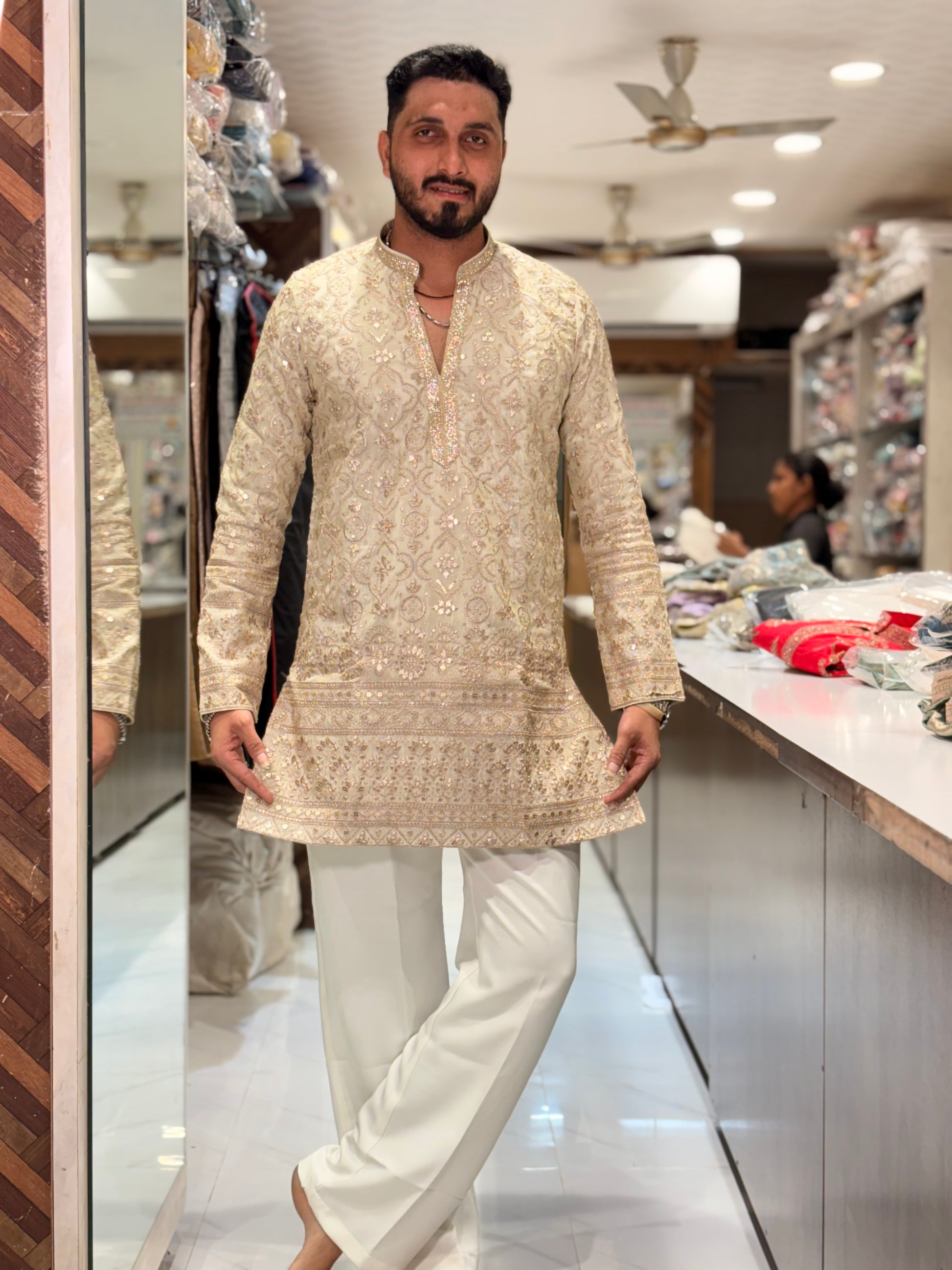 Premium Tissue Silk Heavy Embroidered Short-Length Kurta