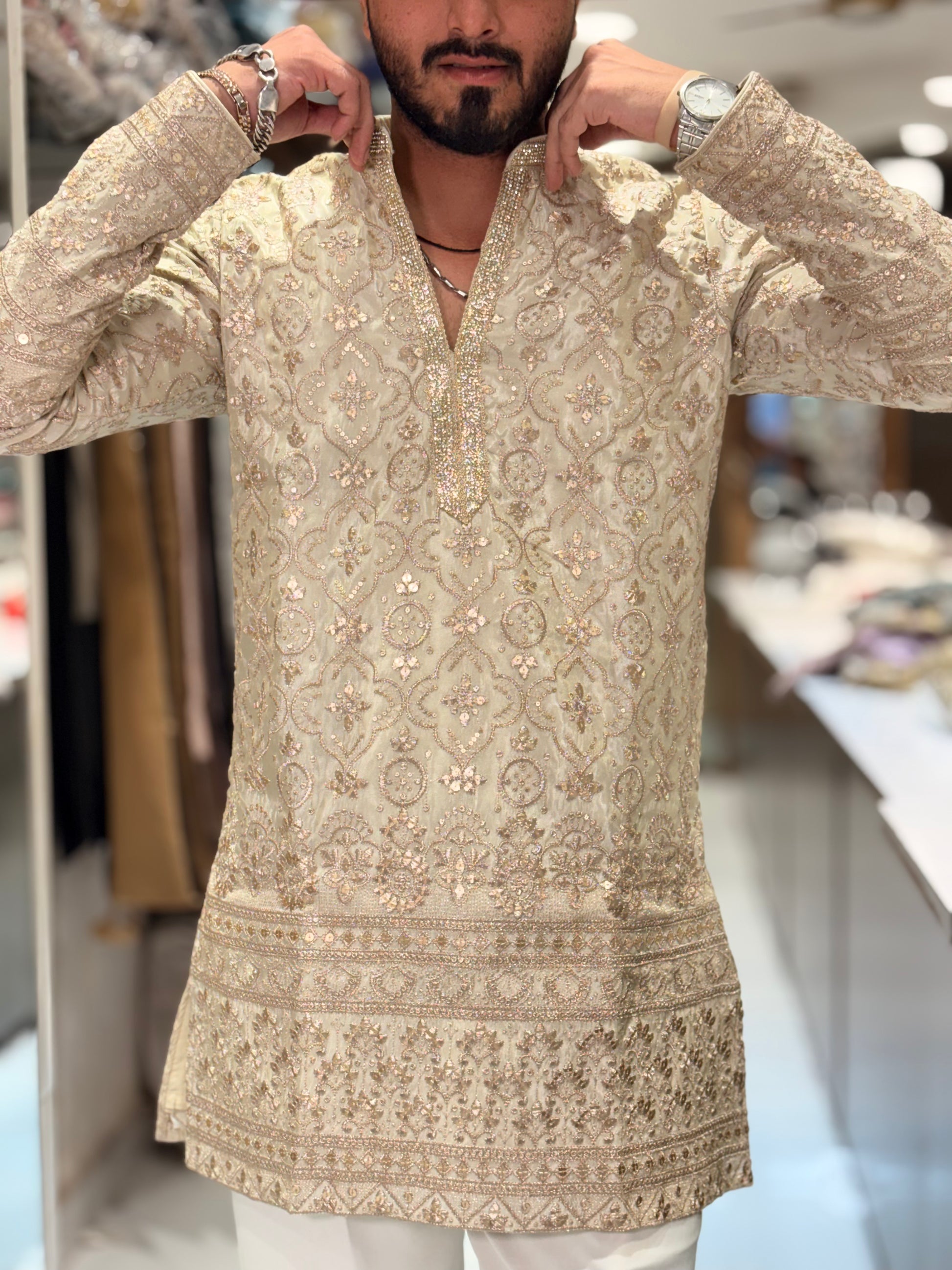 Premium Tissue Silk Heavy Embroidered Short-Length Kurta