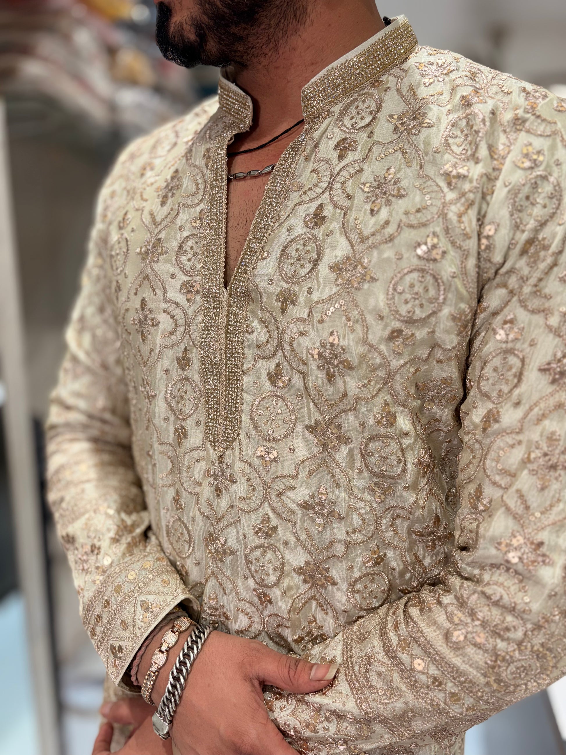 Premium Tissue Silk Heavy Embroidered Short-Length Kurta
