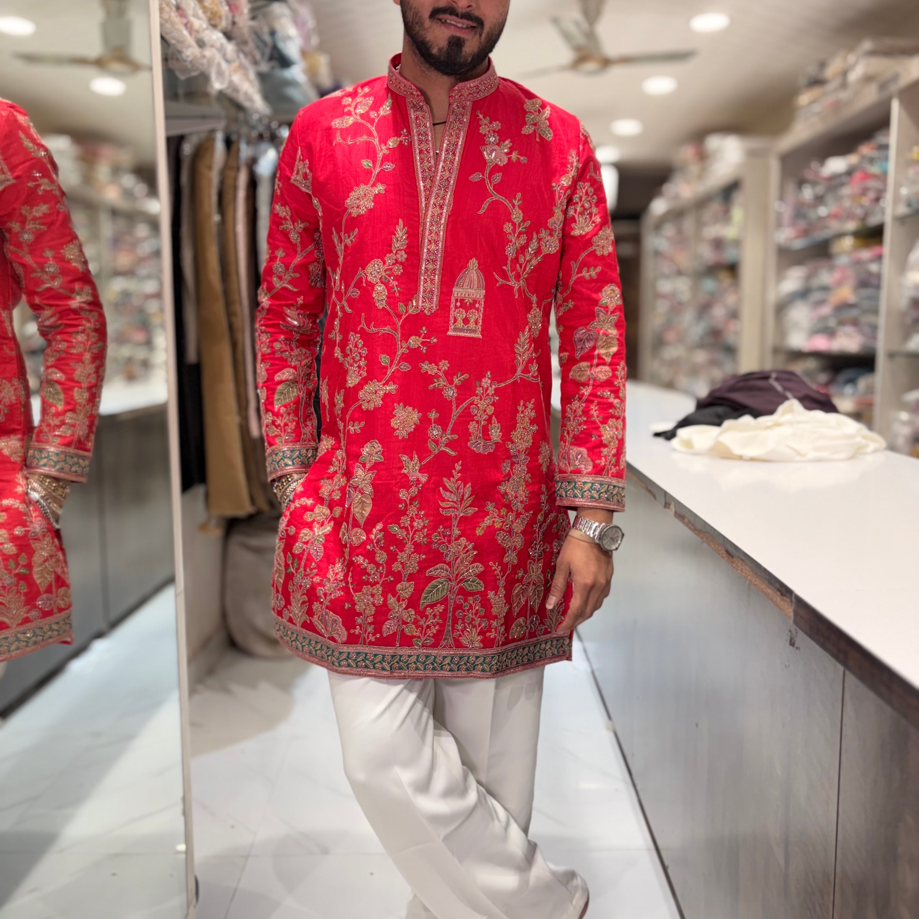 Premium V-Neck Embroidered Tissue Silk Short Kurta