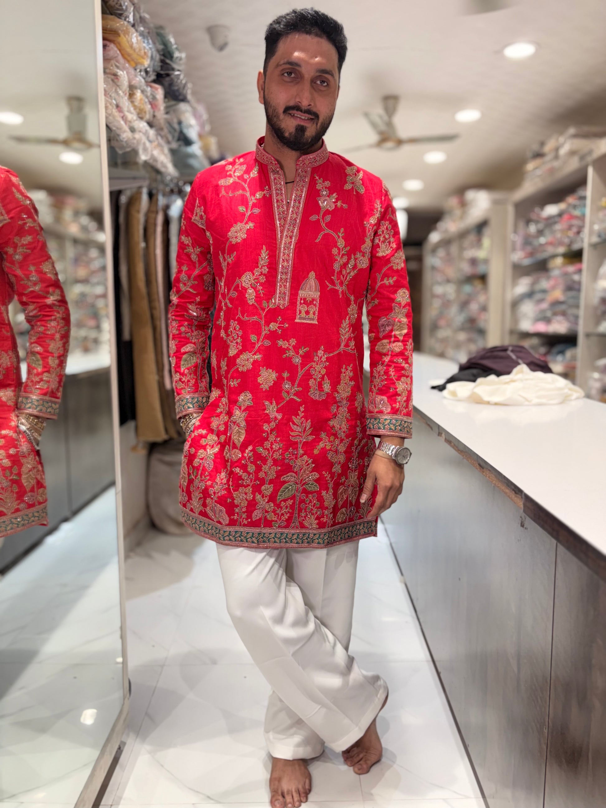 Premium V-Neck Embroidered Tissue Silk Short Kurta