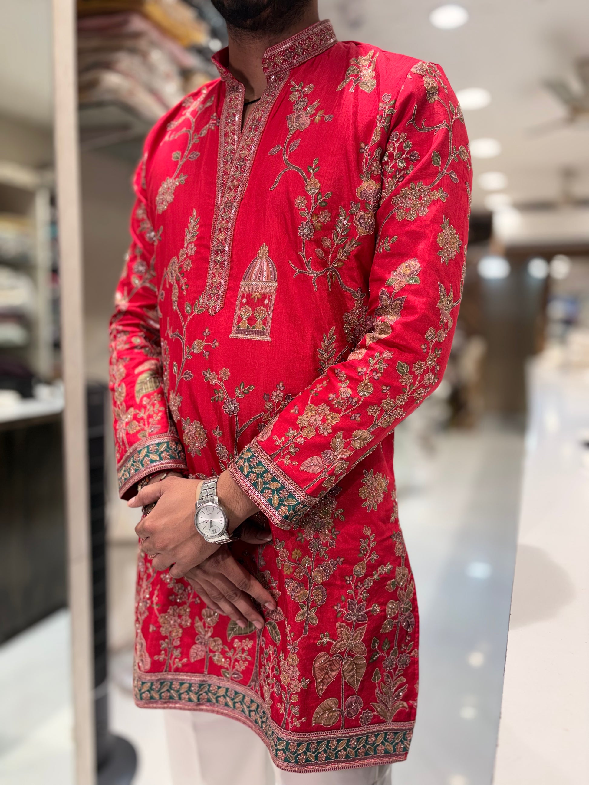 Premium V-Neck Embroidered Tissue Silk Short Kurta