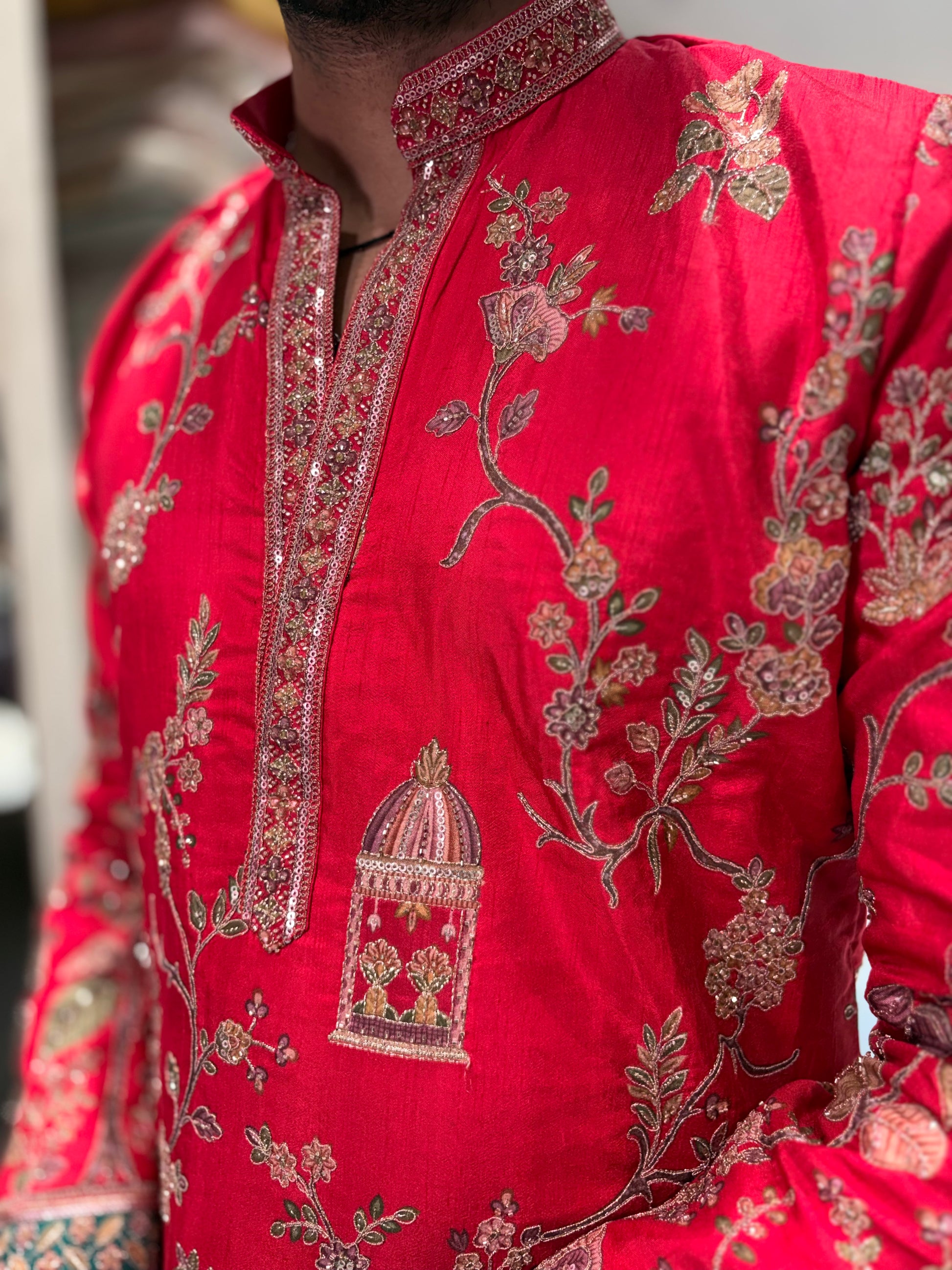 Premium V-Neck Embroidered Tissue Silk Short Kurta