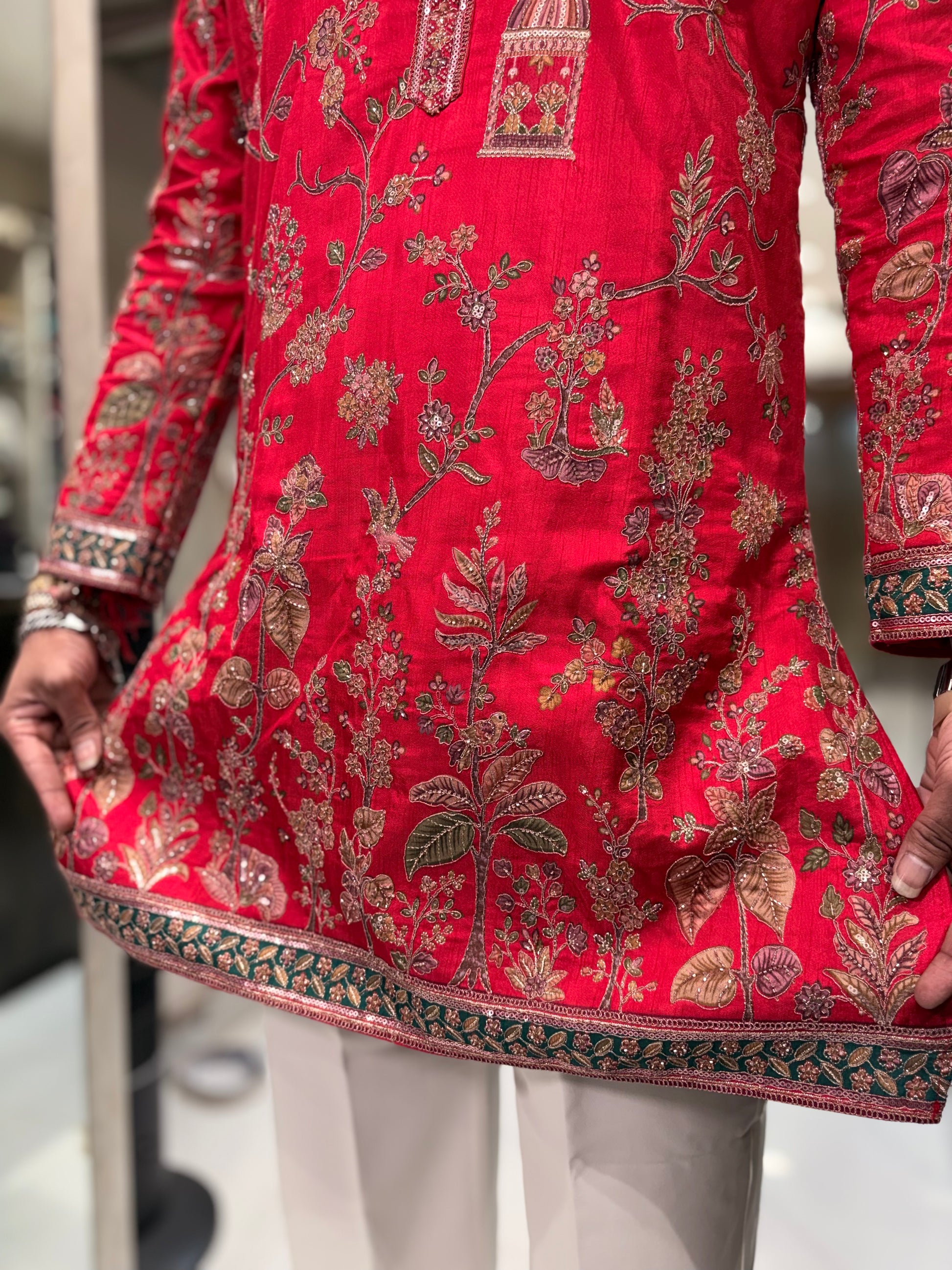 Premium V-Neck Embroidered Tissue Silk Short Kurta