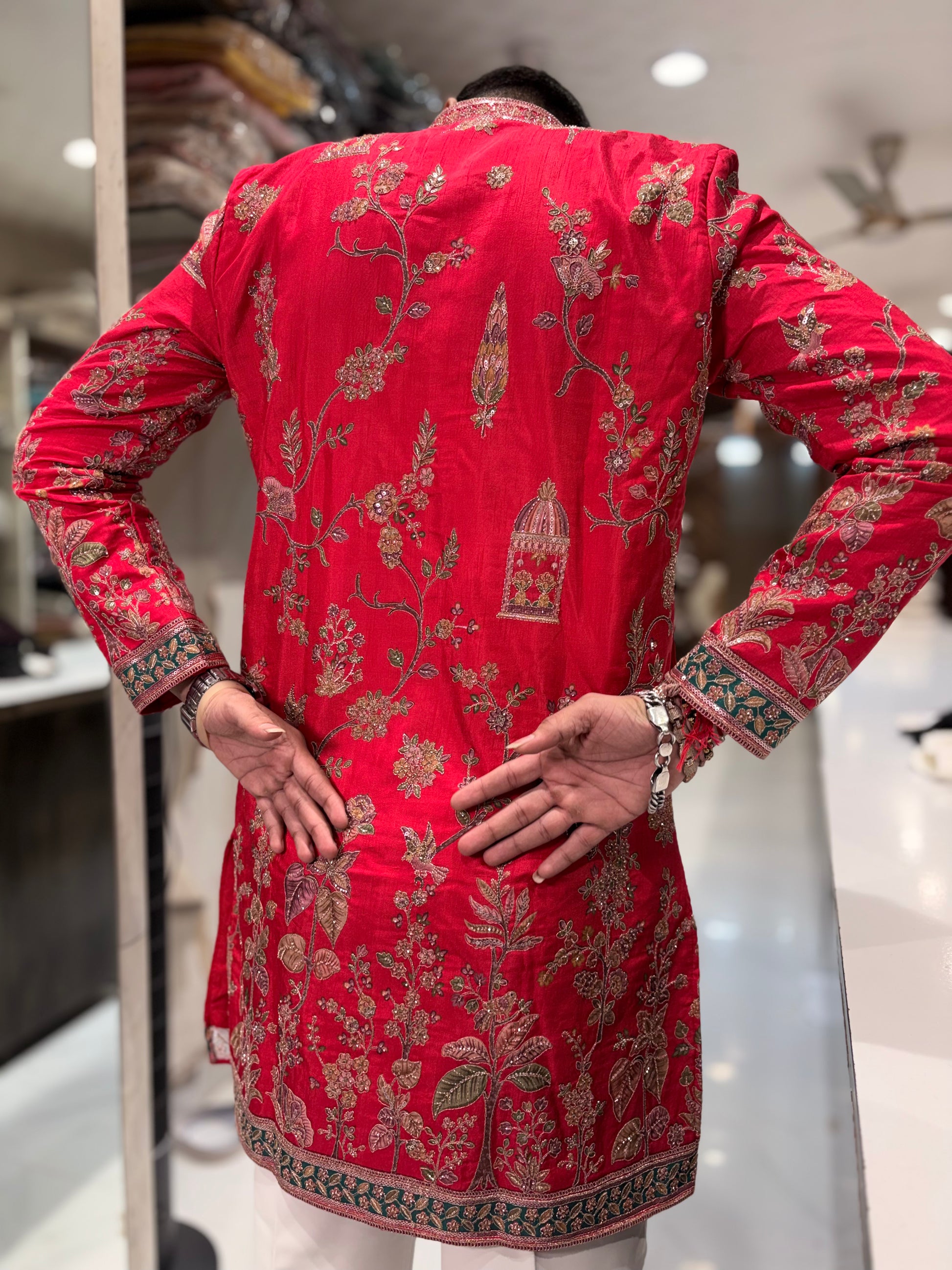 Premium V-Neck Embroidered Tissue Silk Short Kurta