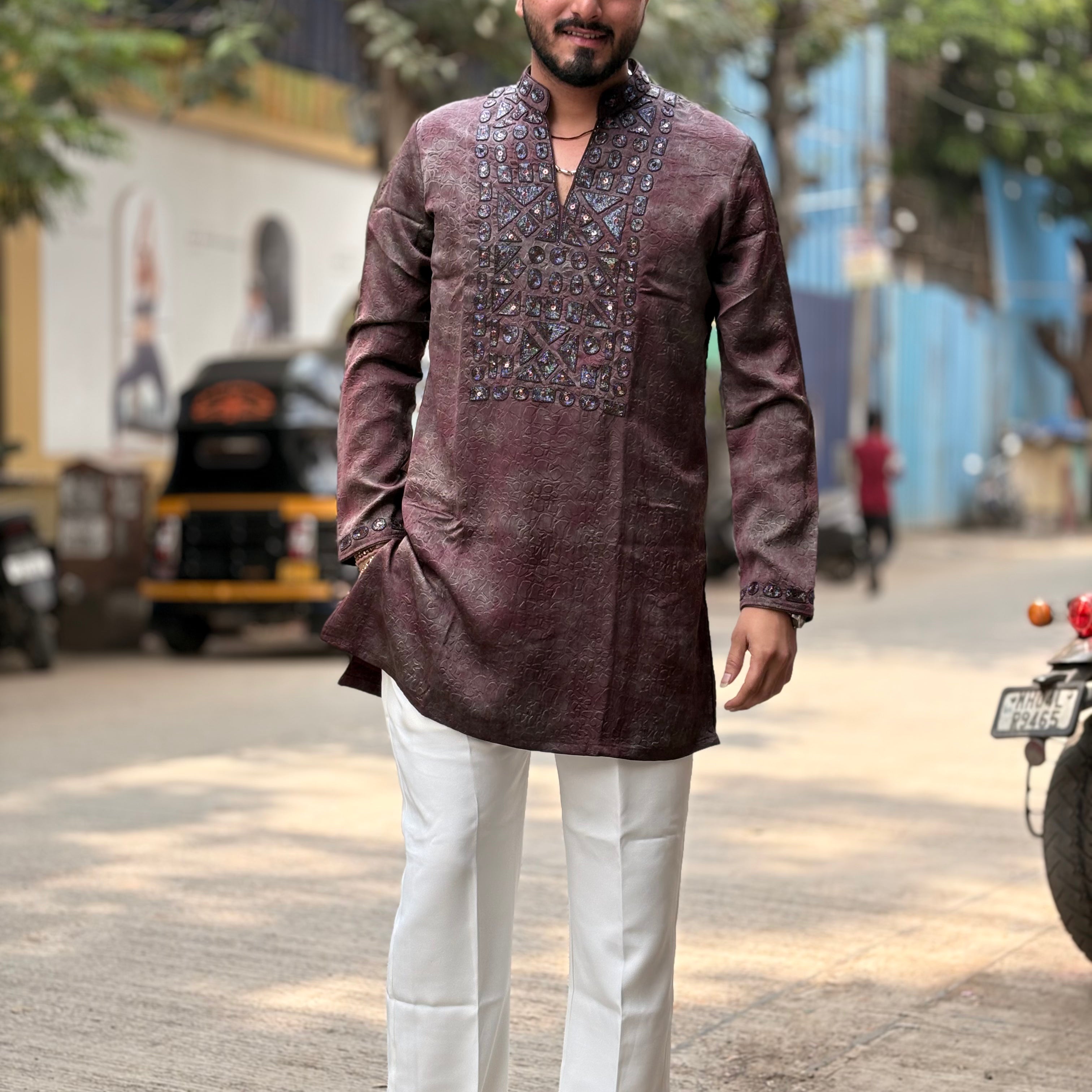 Premium Hand-Embellished Textured Silk Jacquard Kurta