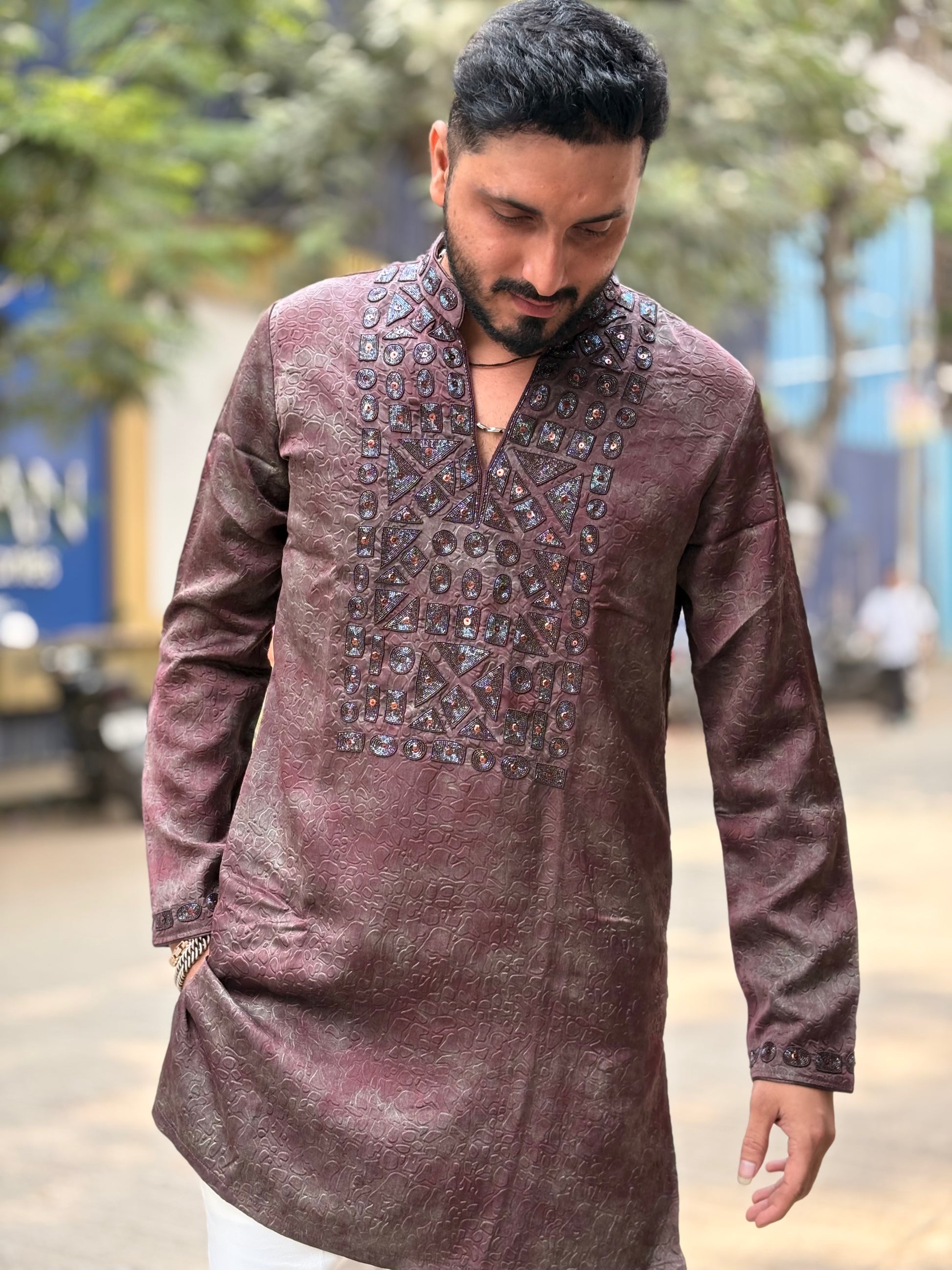 Premium Hand-Embellished Textured Silk Jacquard Kurta