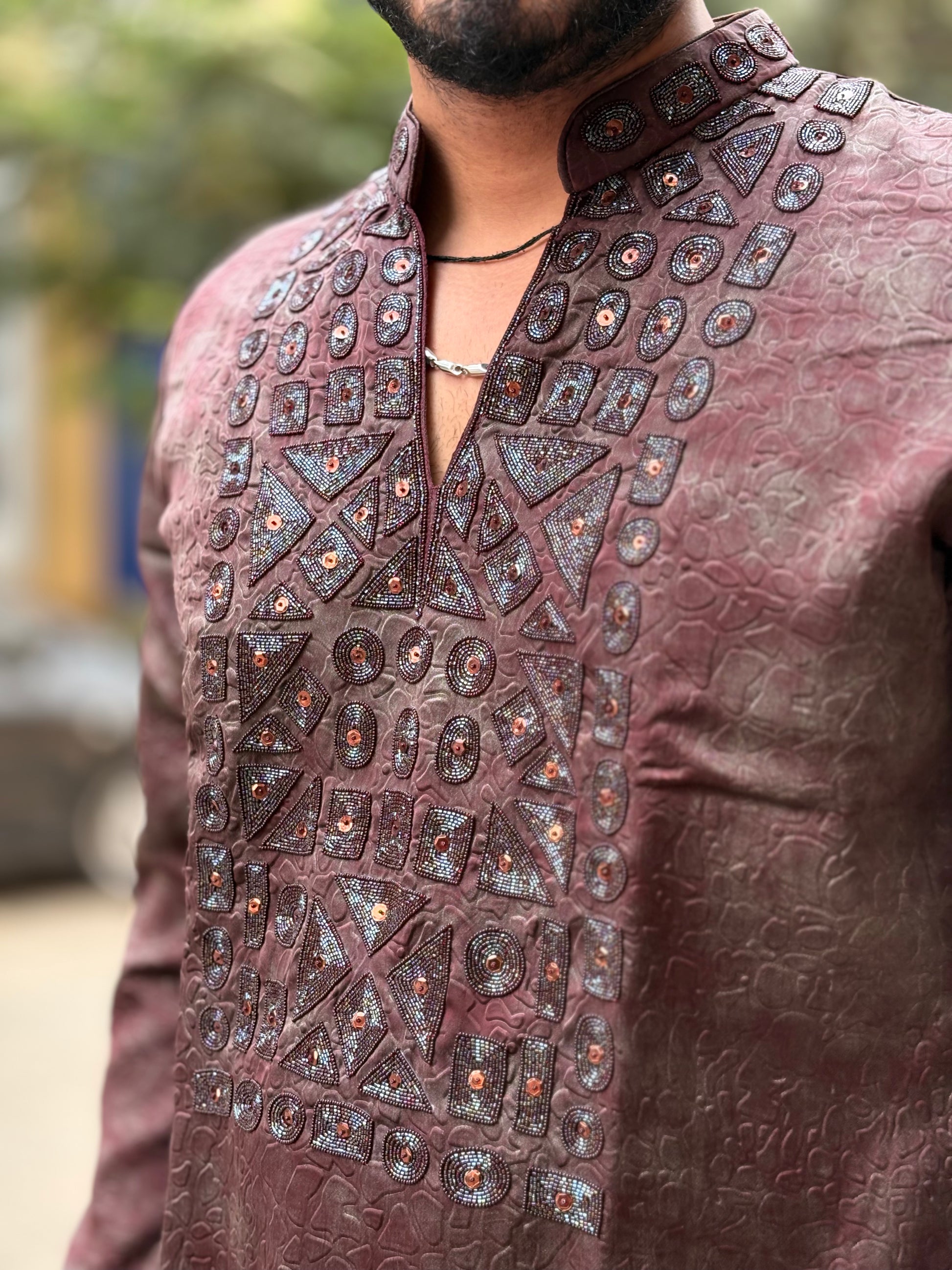 Premium Hand-Embellished Textured Silk Jacquard Kurta