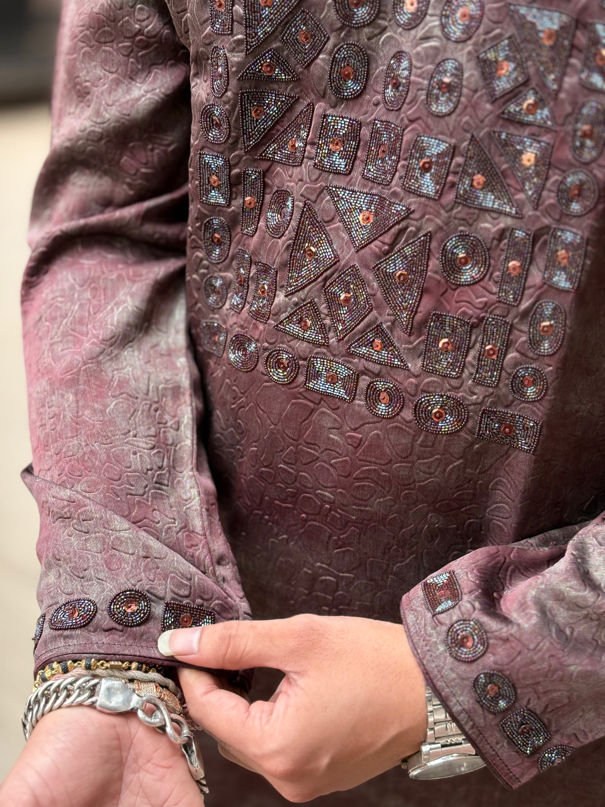 Premium Hand-Embellished Textured Silk Jacquard Kurta