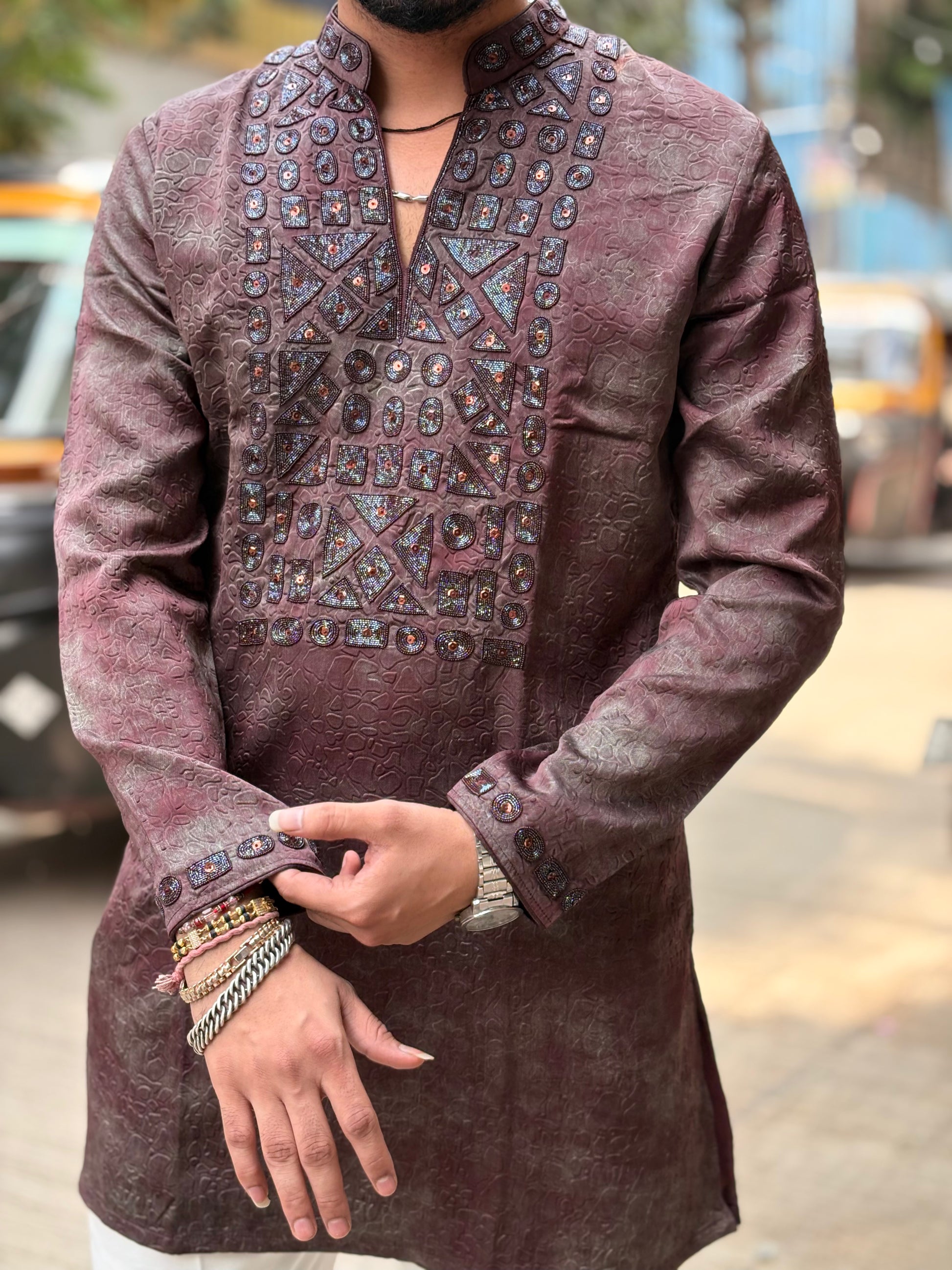 Premium Hand-Embellished Textured Silk Jacquard Kurta