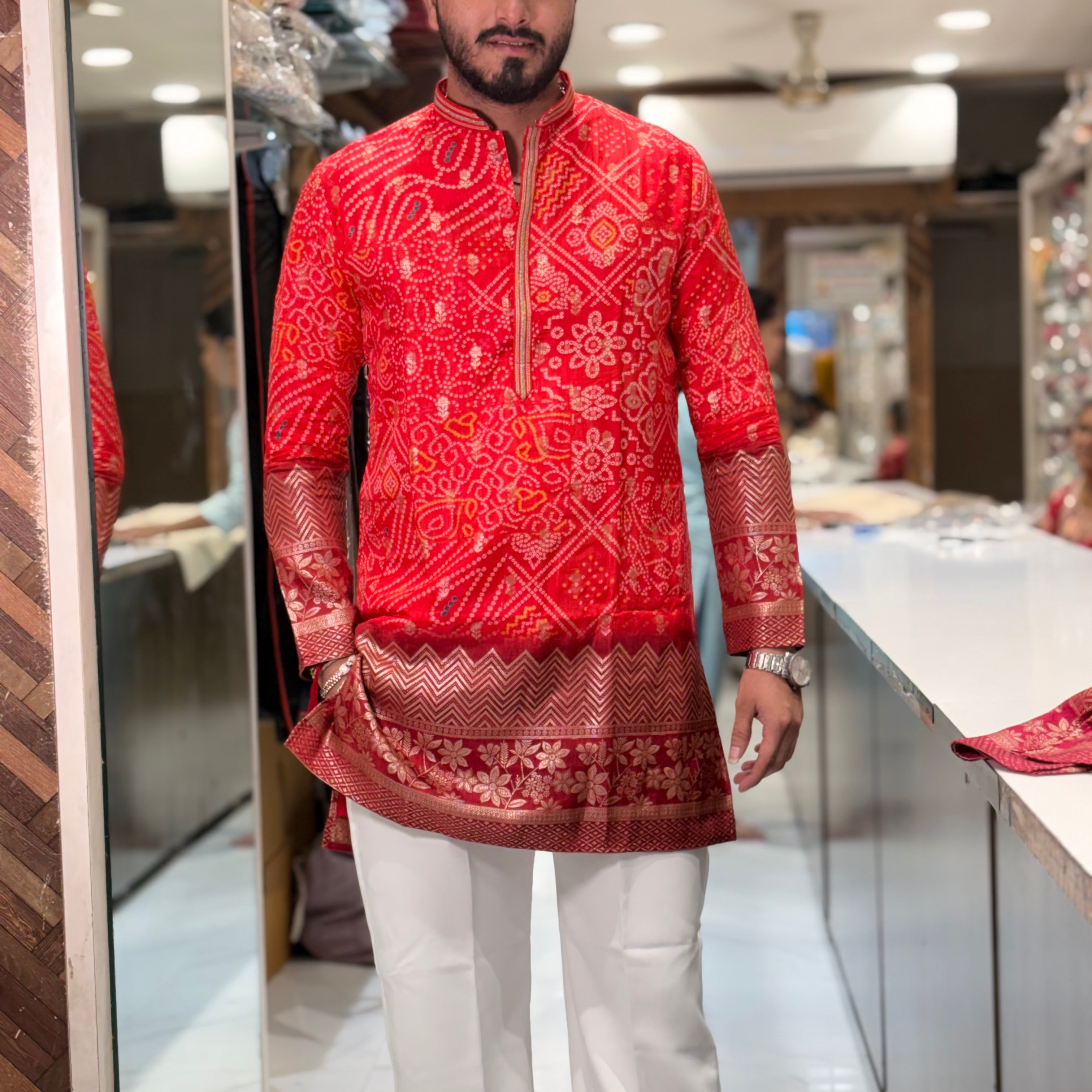 Premium Bandhani Print Silk Kurta with Traditional Border Detailing