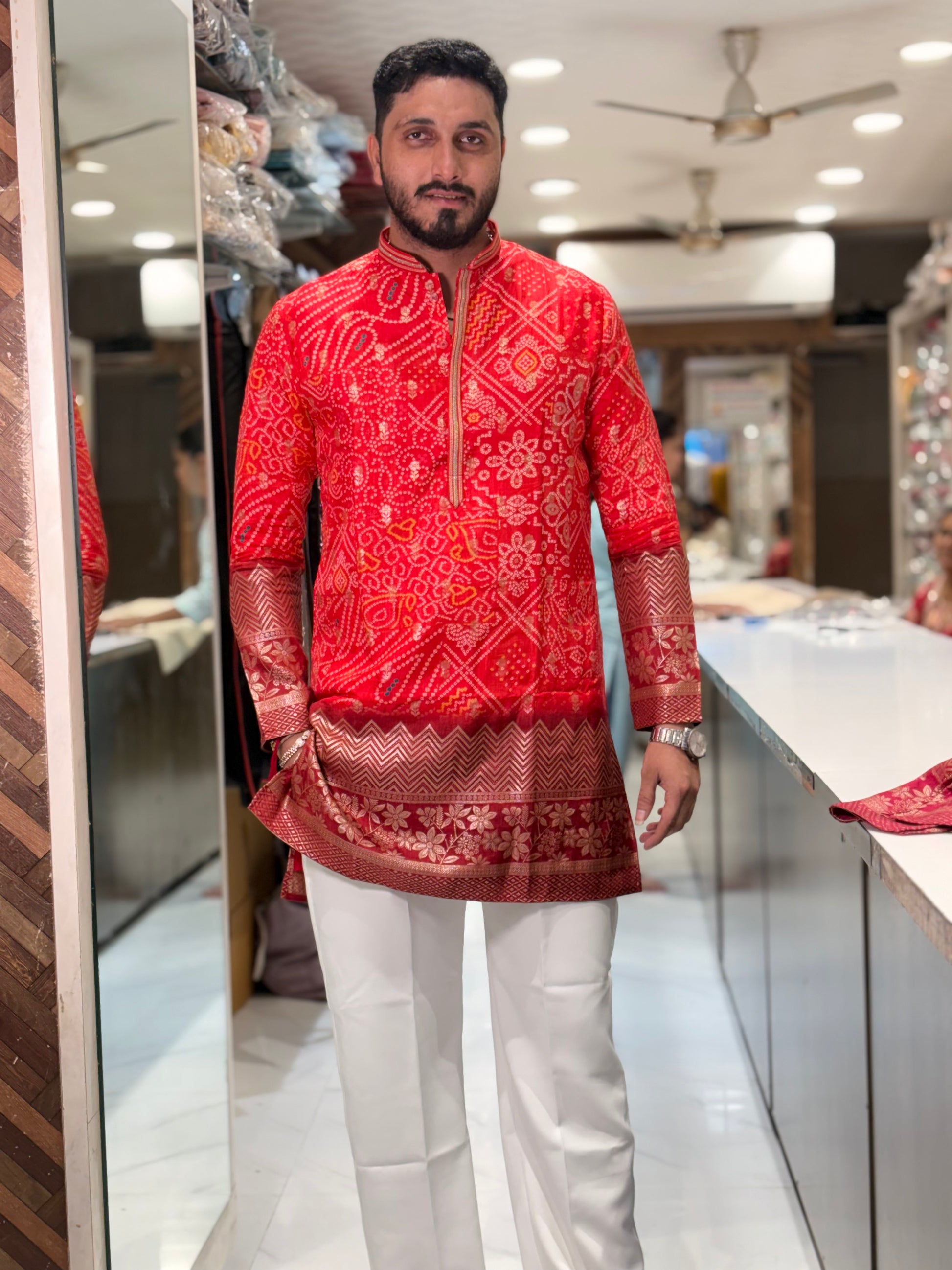 Premium Bandhani Print Silk Kurta with Traditional Border Detailing
