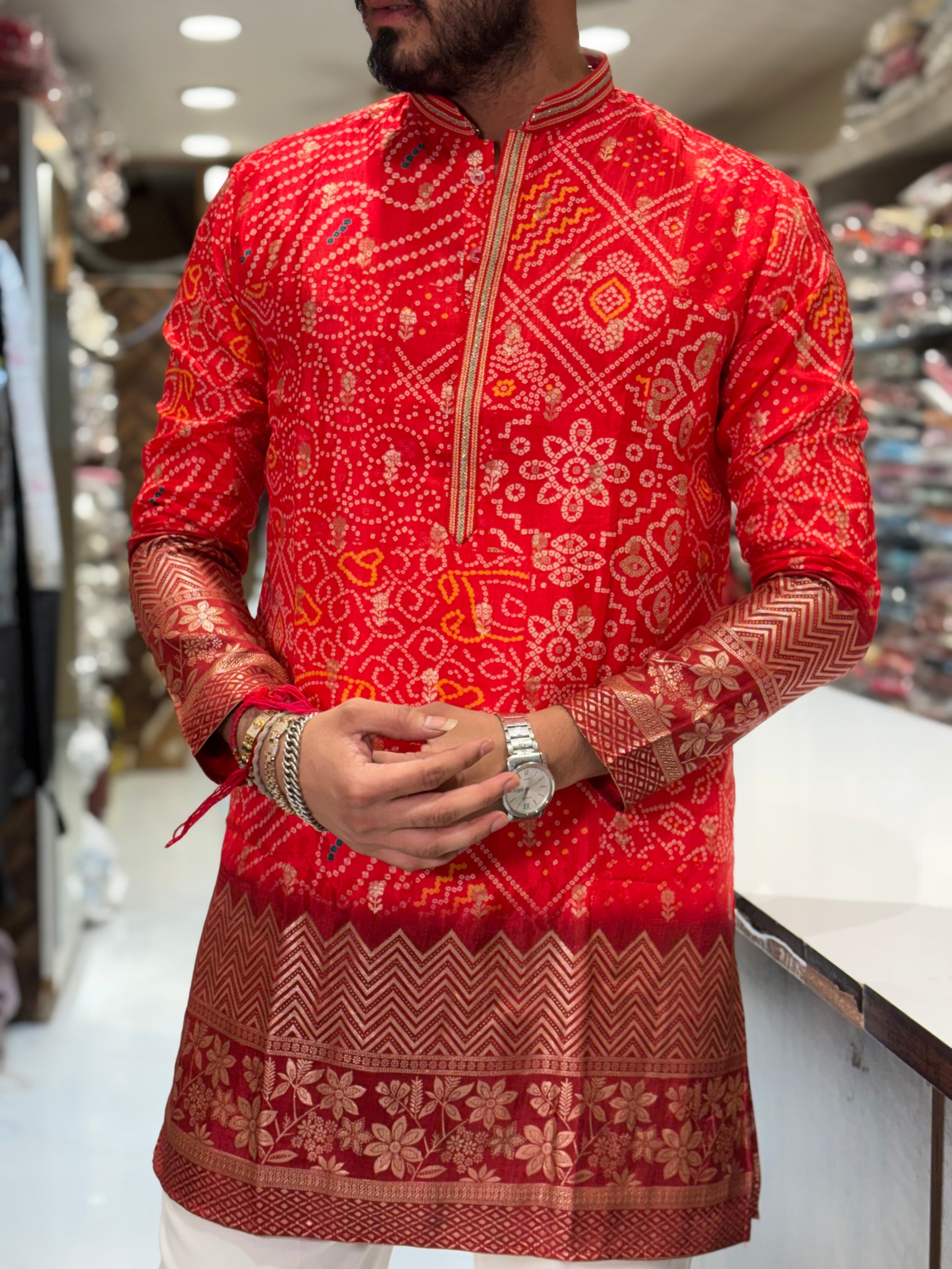 Premium Bandhani Print Silk Kurta with Traditional Border Detailing