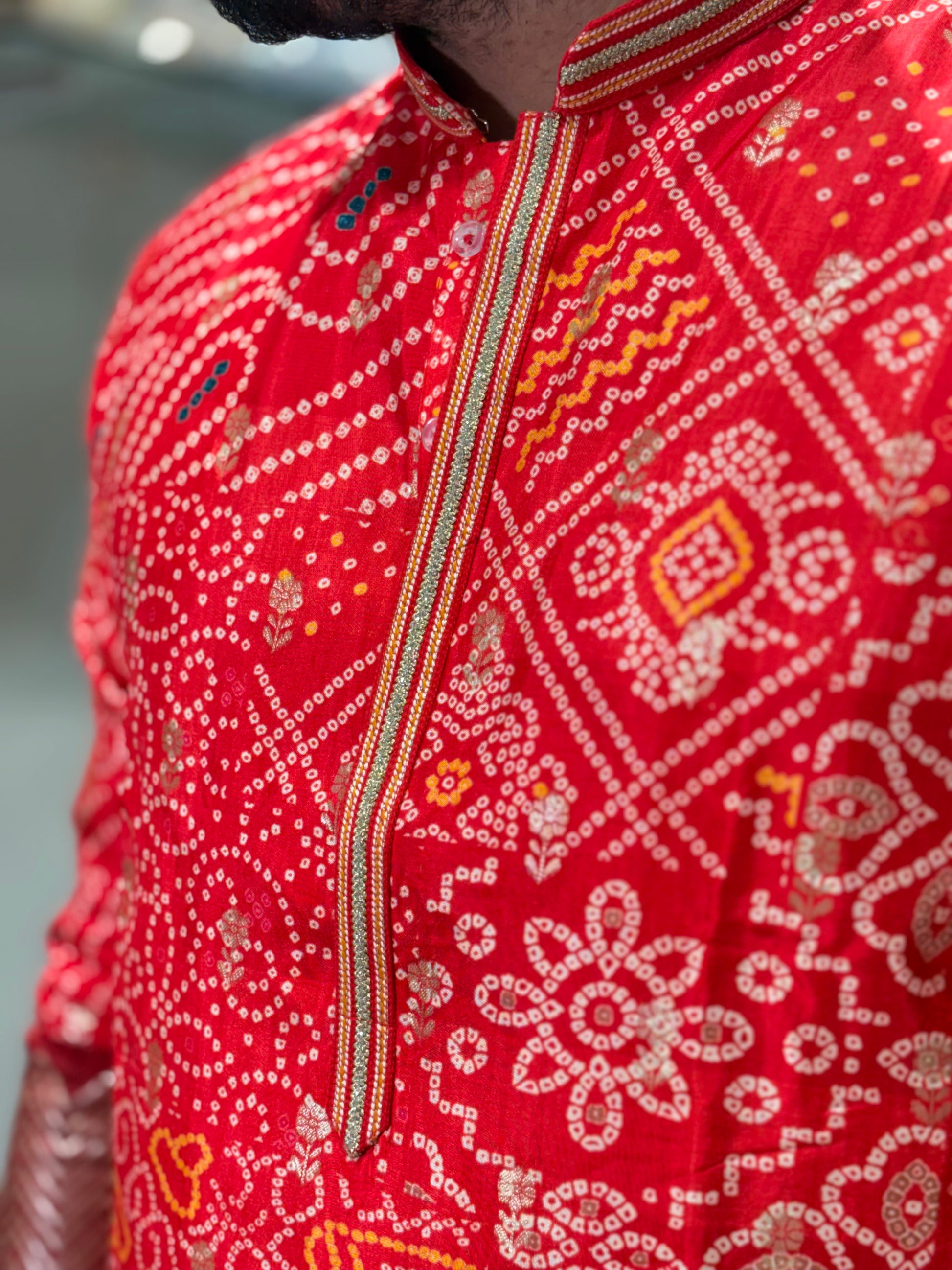 Premium Bandhani Print Silk Kurta with Traditional Border Detailing