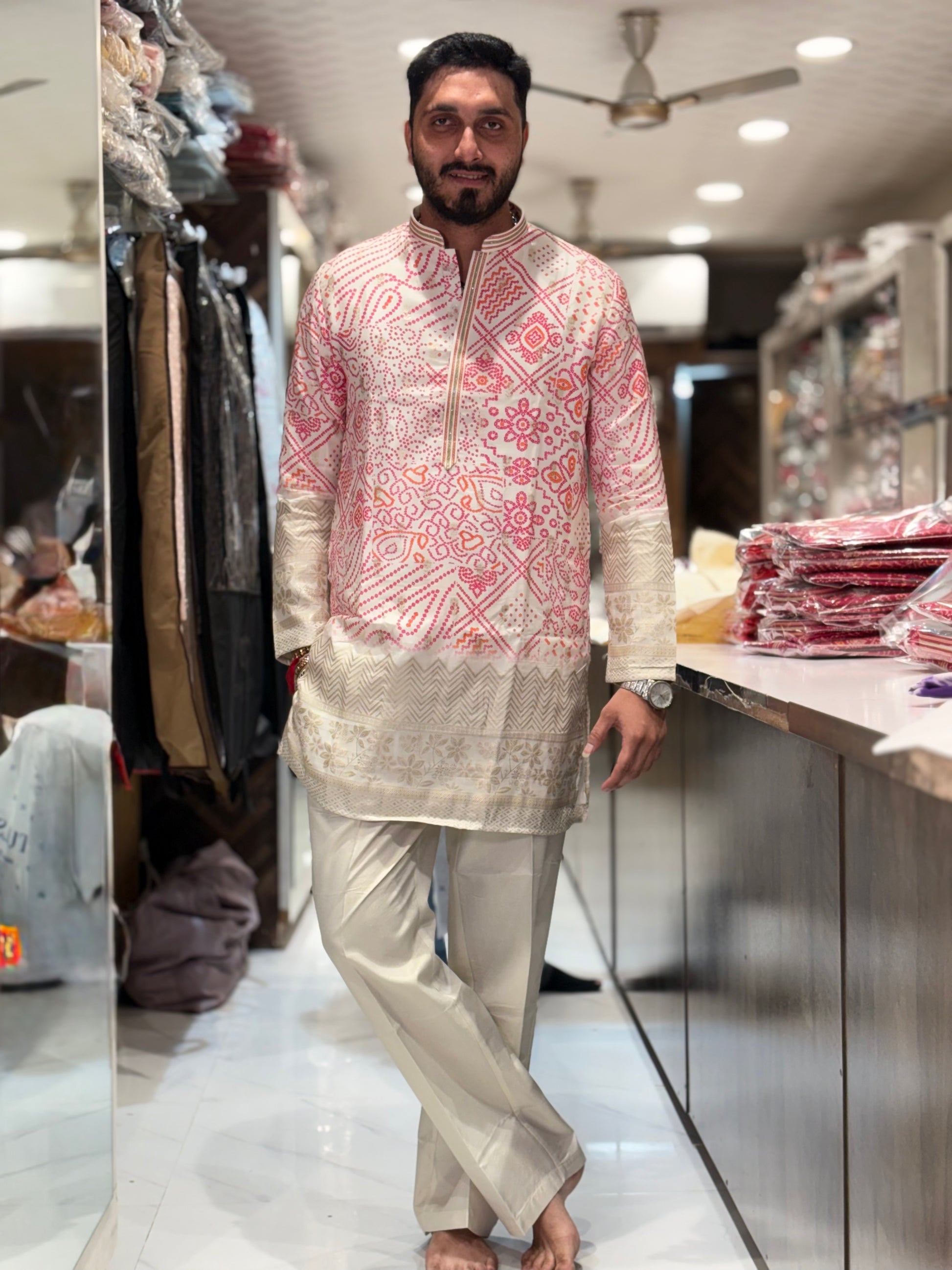 Premium Bandhani Print Silk Kurta with Traditional Border Detailing