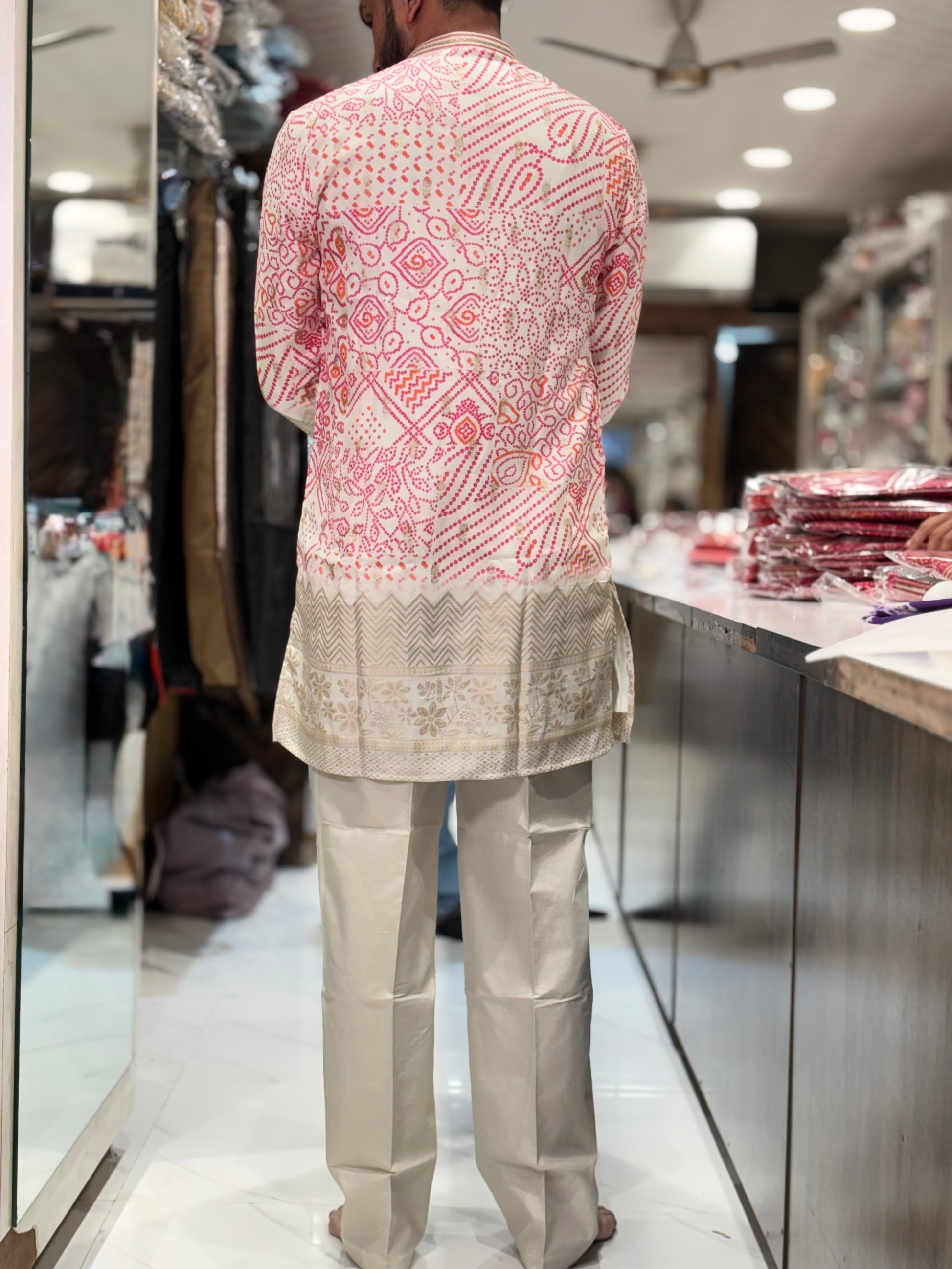 Premium Bandhani Print Silk Kurta with Traditional Border Detailing
