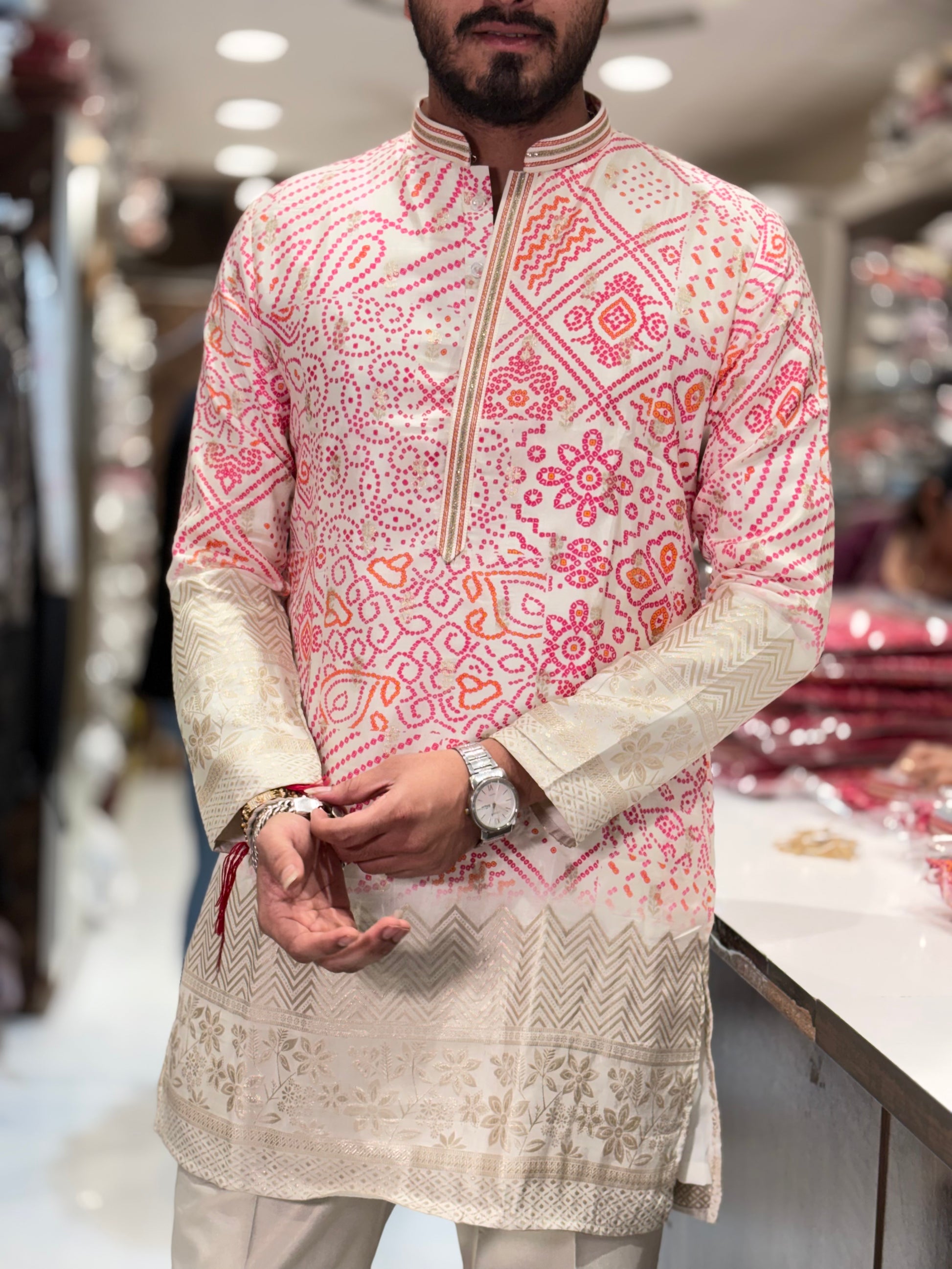 Premium Bandhani Print Silk Kurta with Traditional Border Detailing