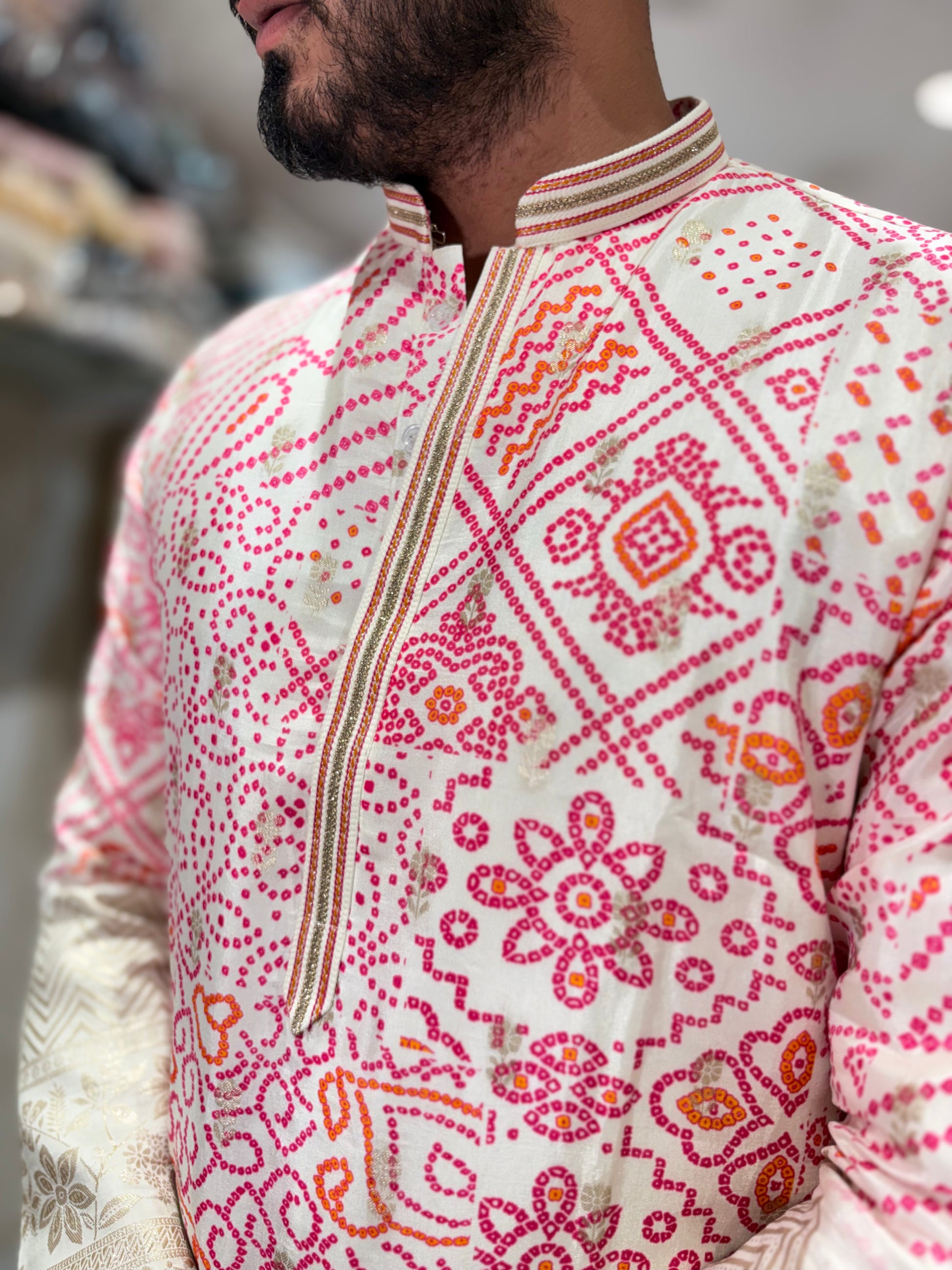 Premium Bandhani Print Silk Kurta with Traditional Border Detailing