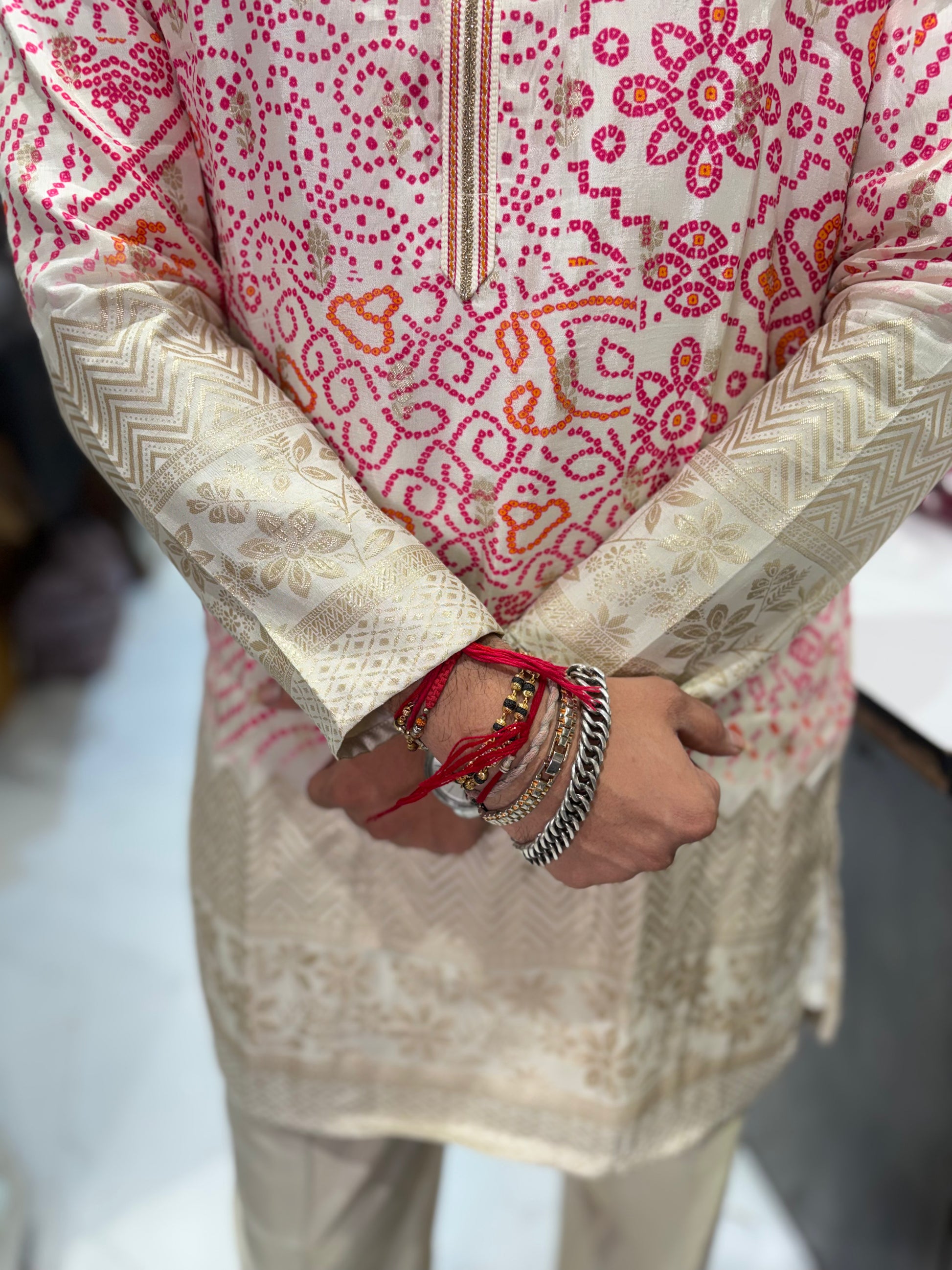 Premium Bandhani Print Silk Kurta with Traditional Border Detailing