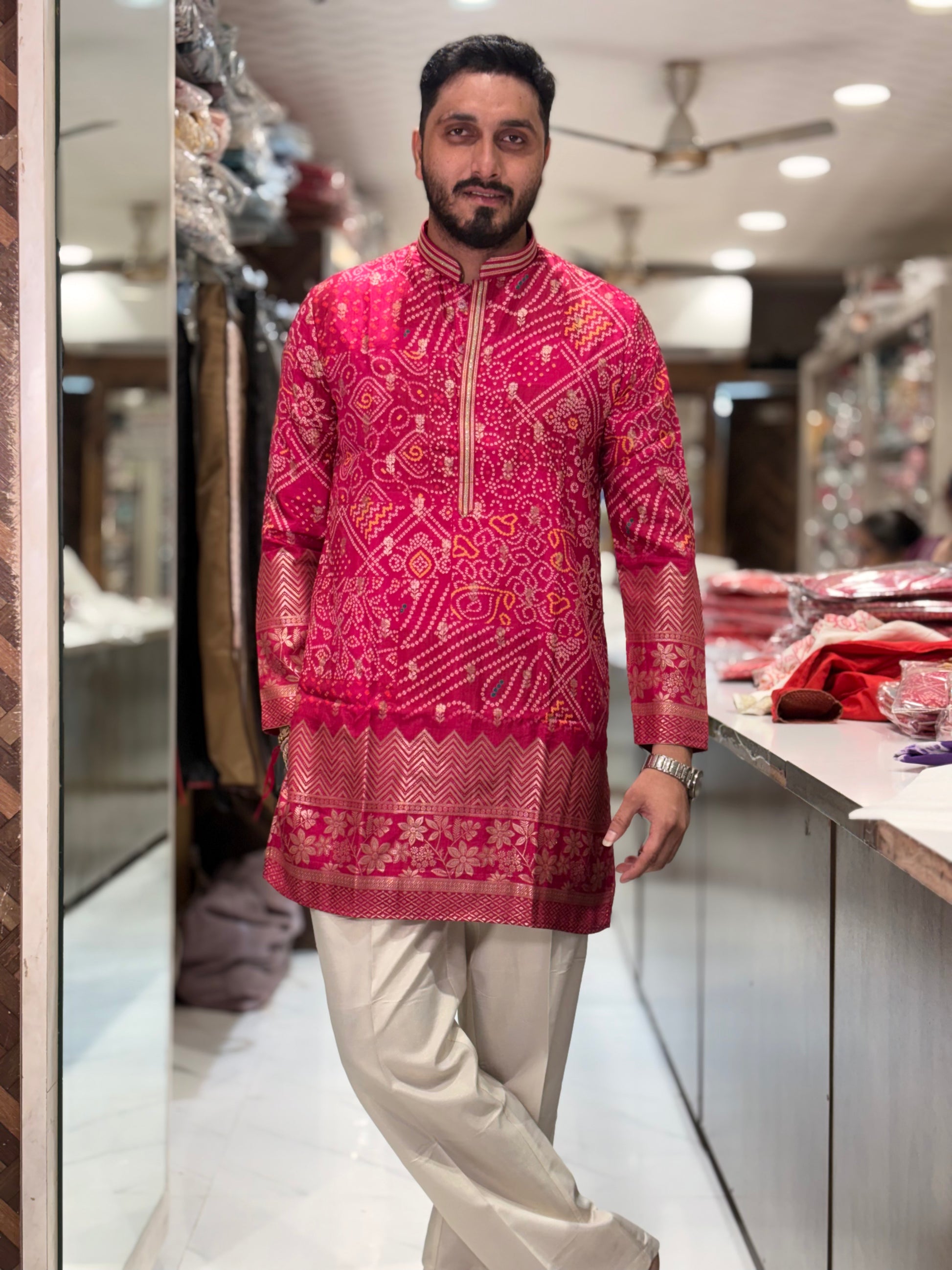 Premium Bandhani Print Silk Kurta with Traditional Border Detailing