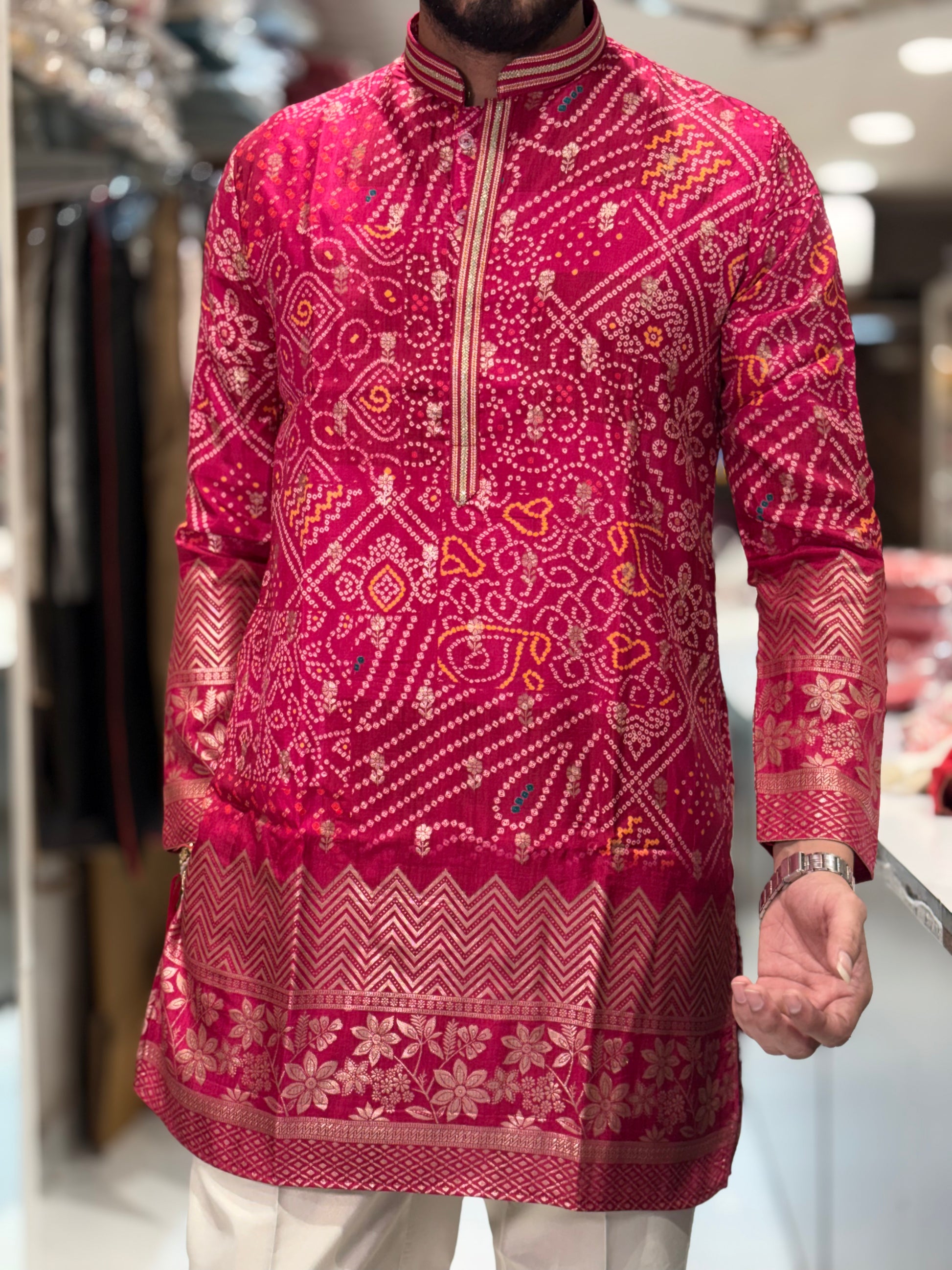 Premium Bandhani Print Silk Kurta with Traditional Border Detailing