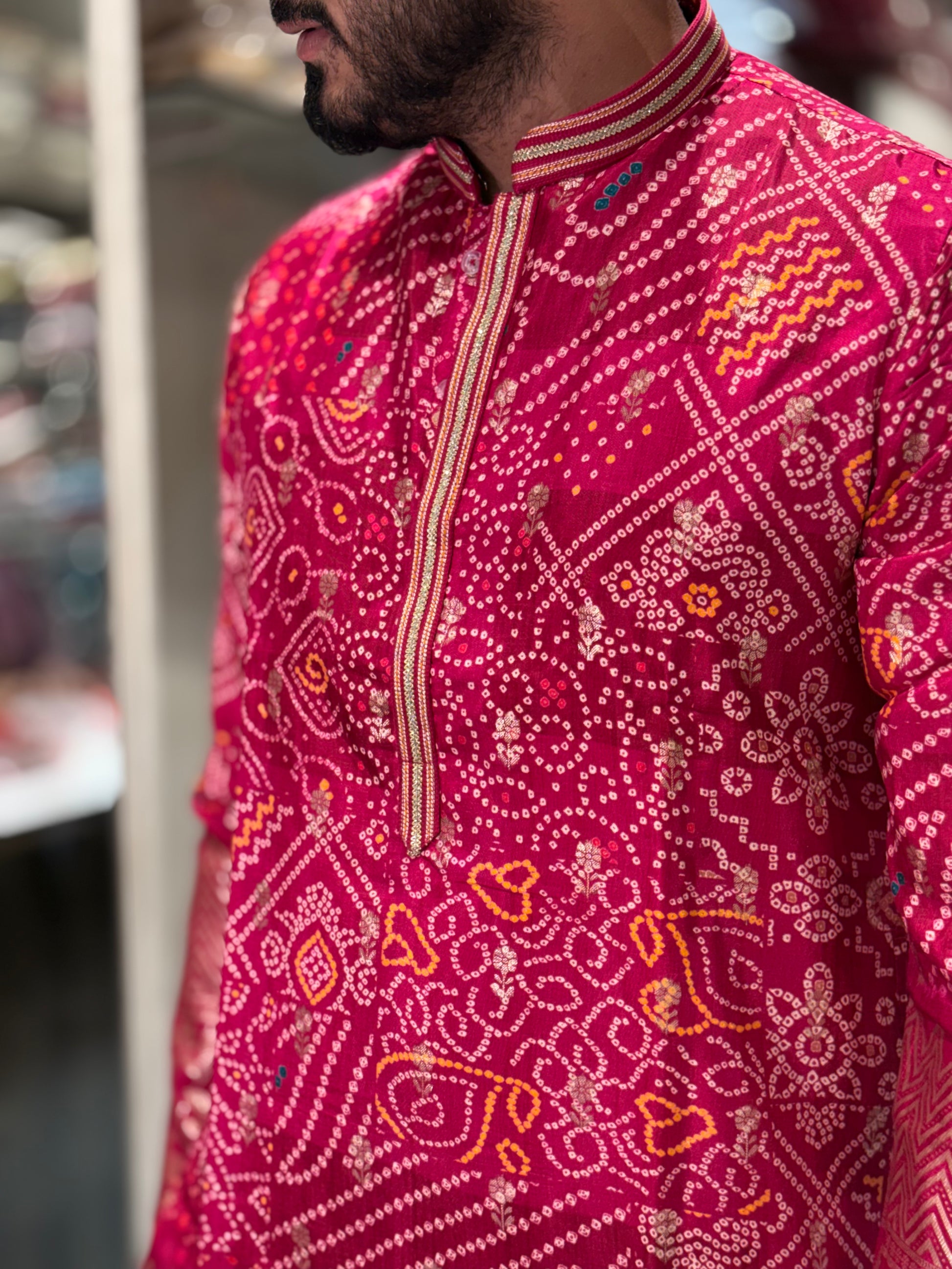 Premium Bandhani Print Silk Kurta with Traditional Border Detailing