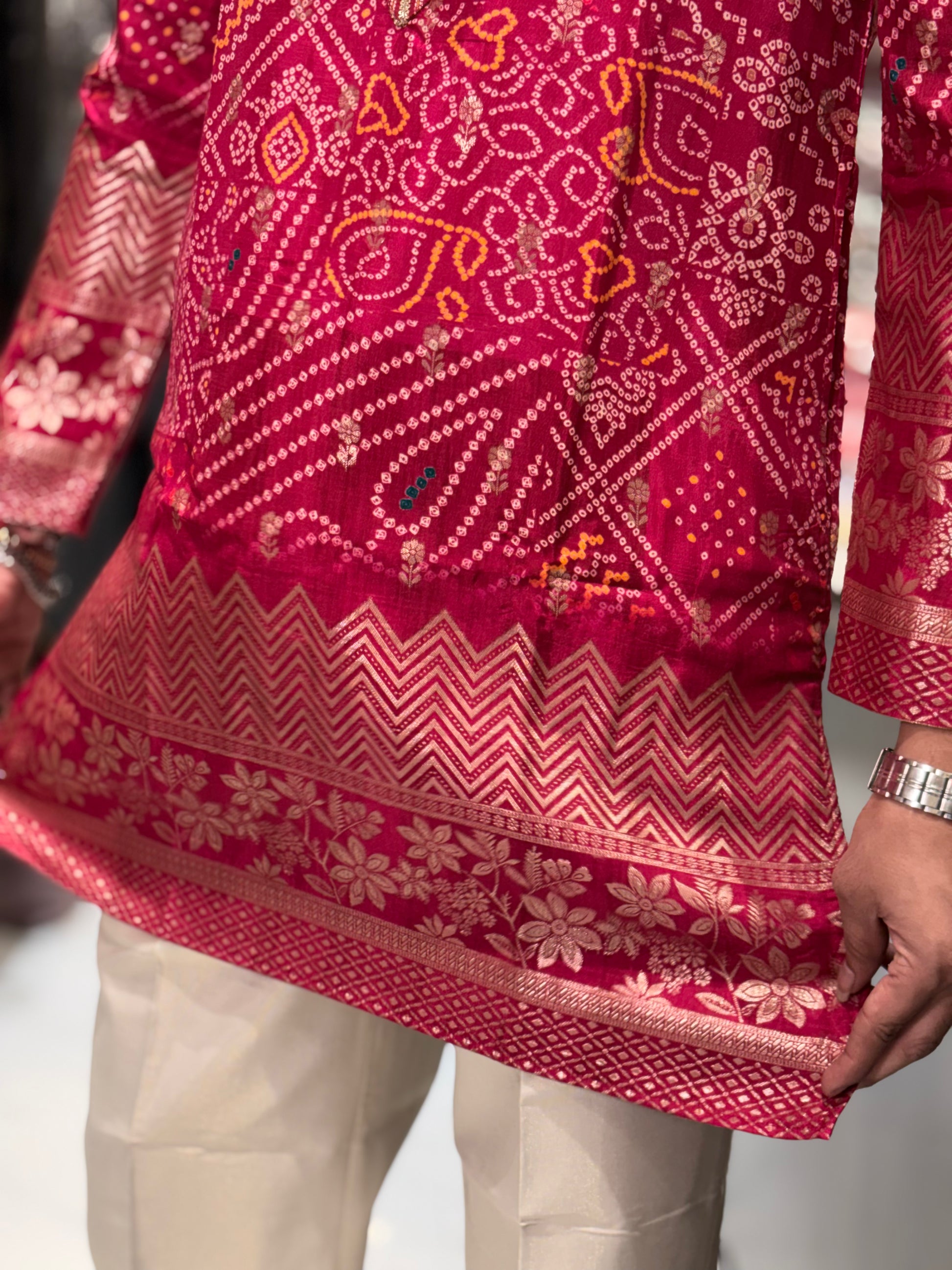 Premium Bandhani Print Silk Kurta with Traditional Border Detailing
