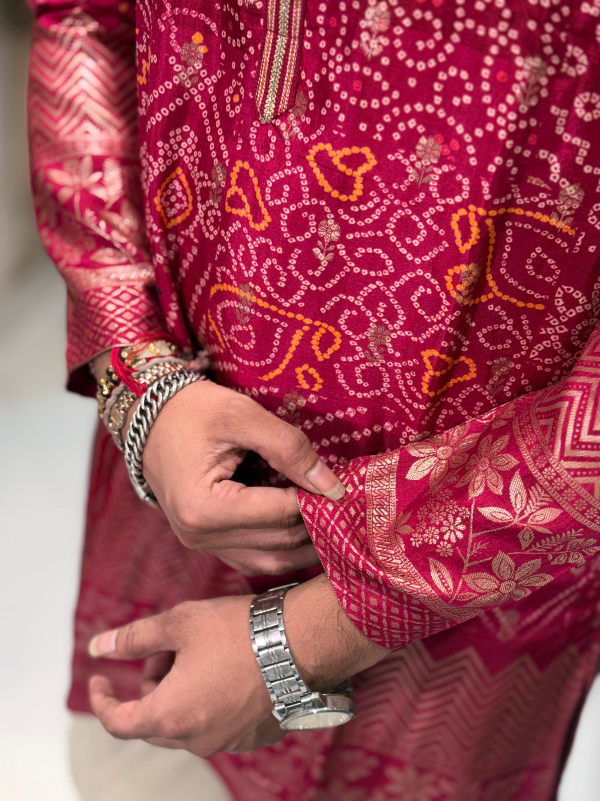 Premium Bandhani Print Silk Kurta with Traditional Border Detailing