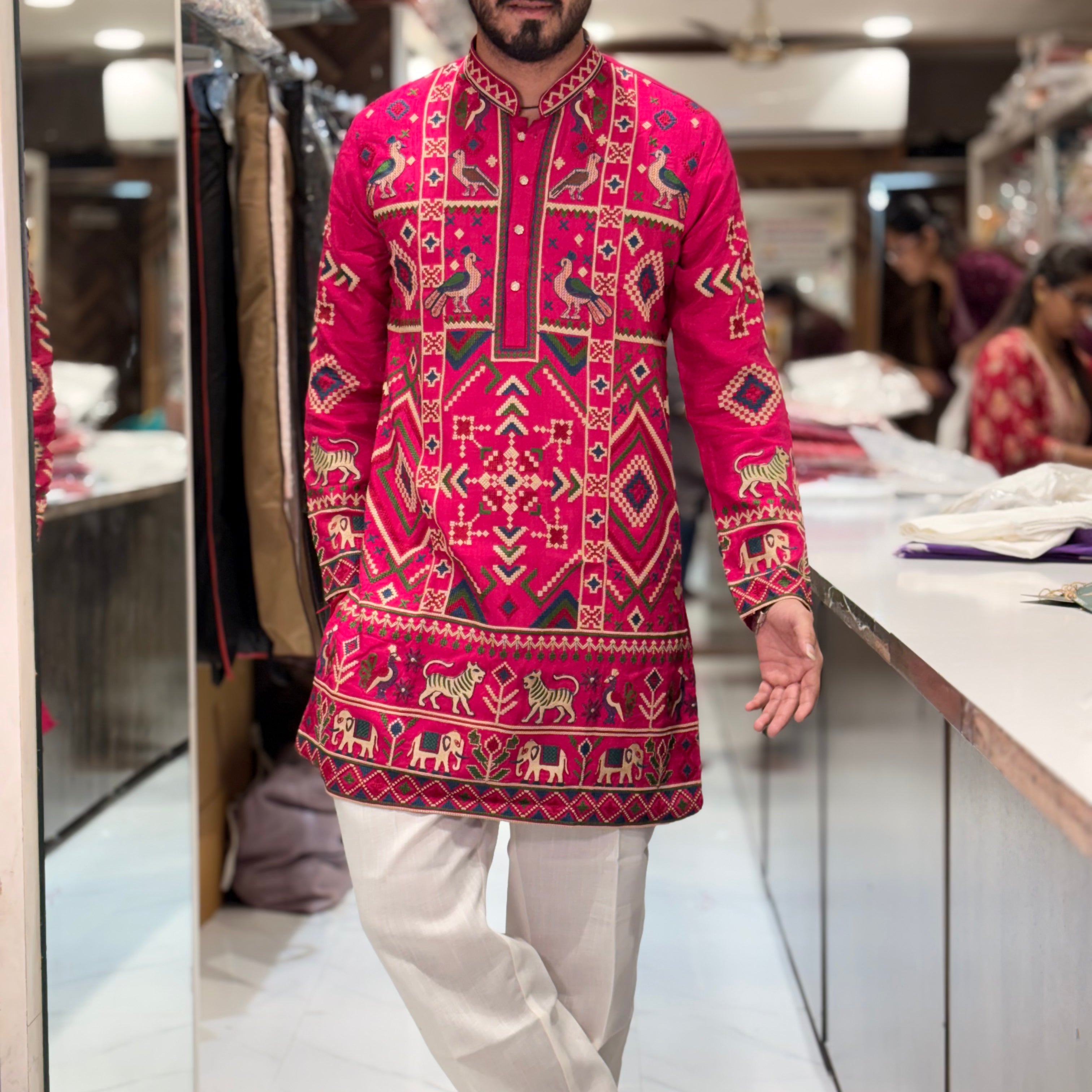 Premium Multicolour Embroidered Silk Kurta – Traditional Animal & Geometric Motif
