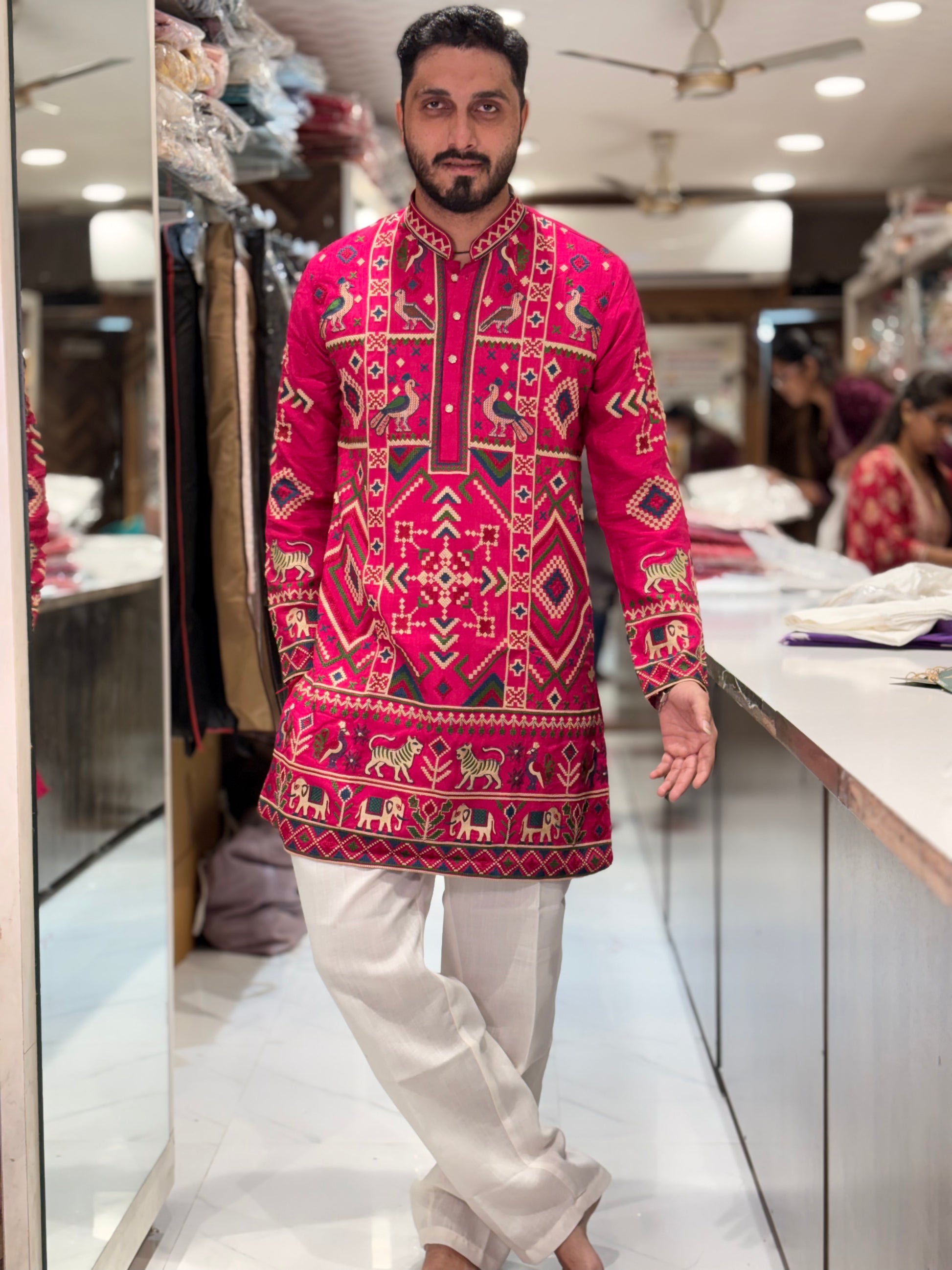 Premium Multicolour Embroidered Silk Kurta – Traditional Animal & Geometric Motif