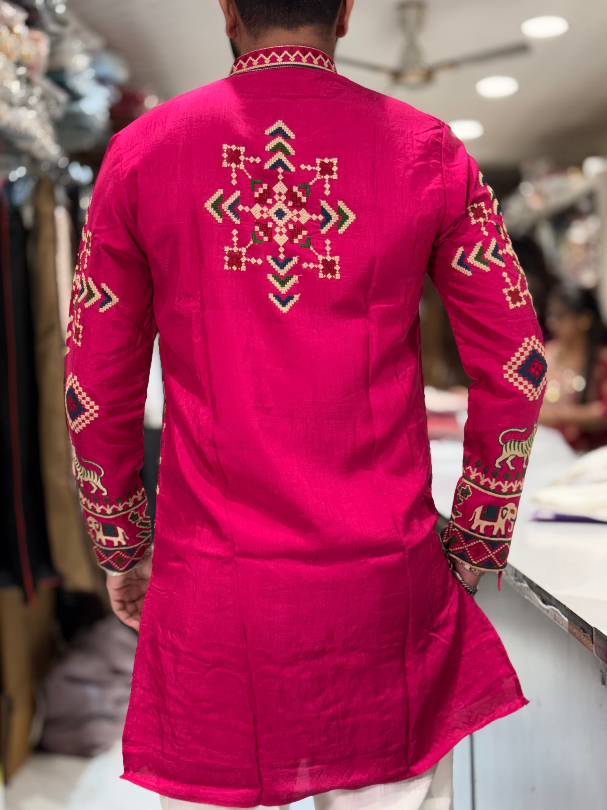 Premium Multicolour Embroidered Silk Kurta – Traditional Animal & Geometric Motif