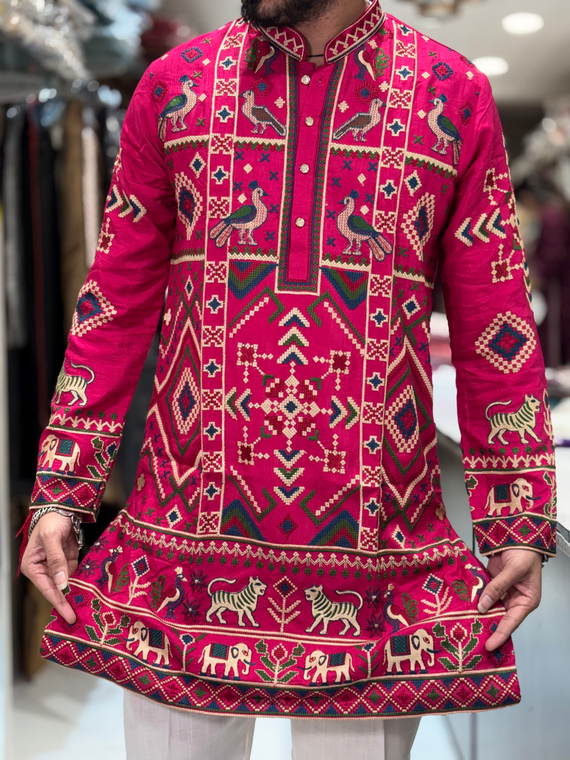 Premium Multicolour Embroidered Silk Kurta – Traditional Animal & Geometric Motif