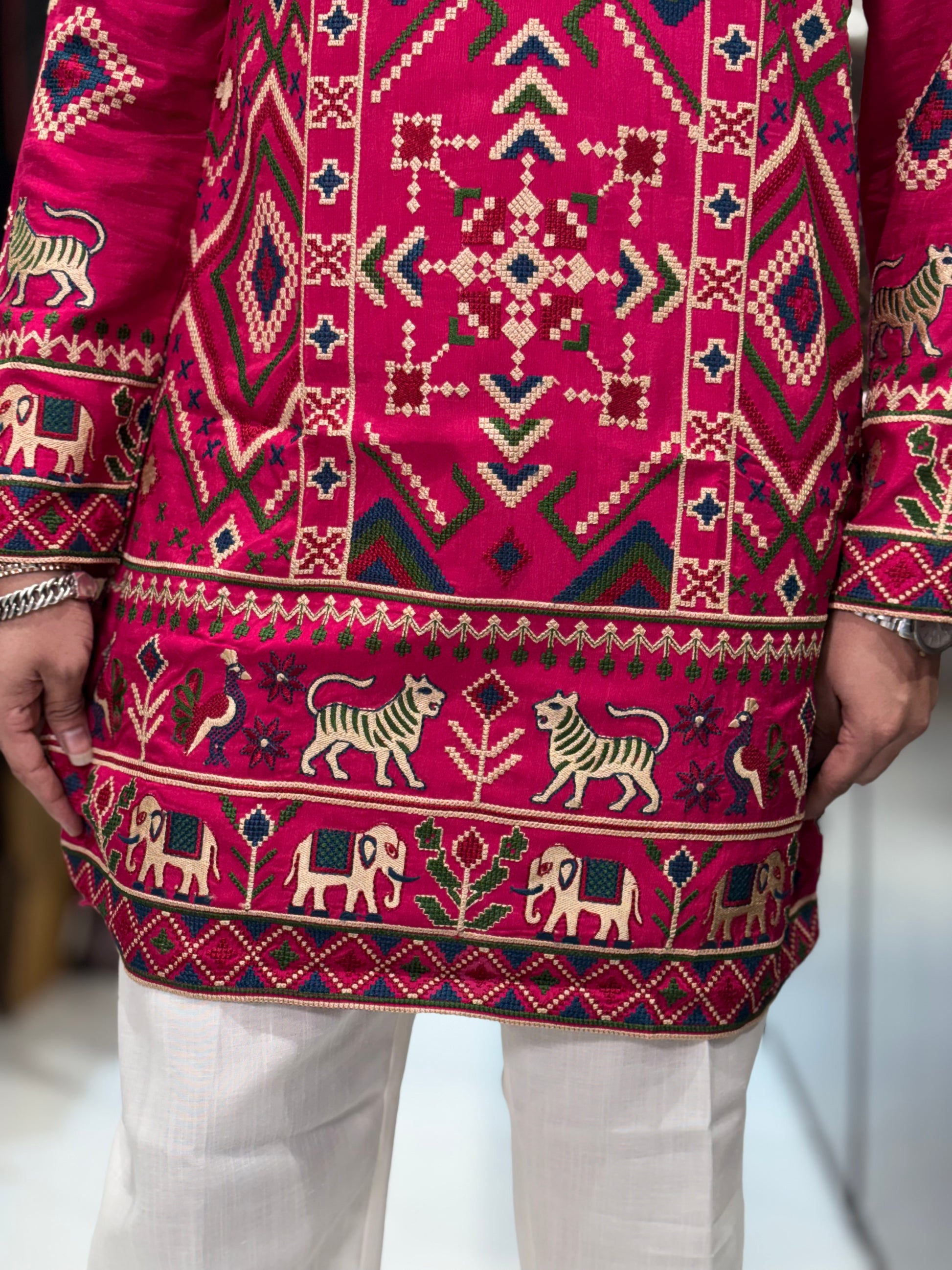 Premium Multicolour Embroidered Silk Kurta – Traditional Animal & Geometric Motif