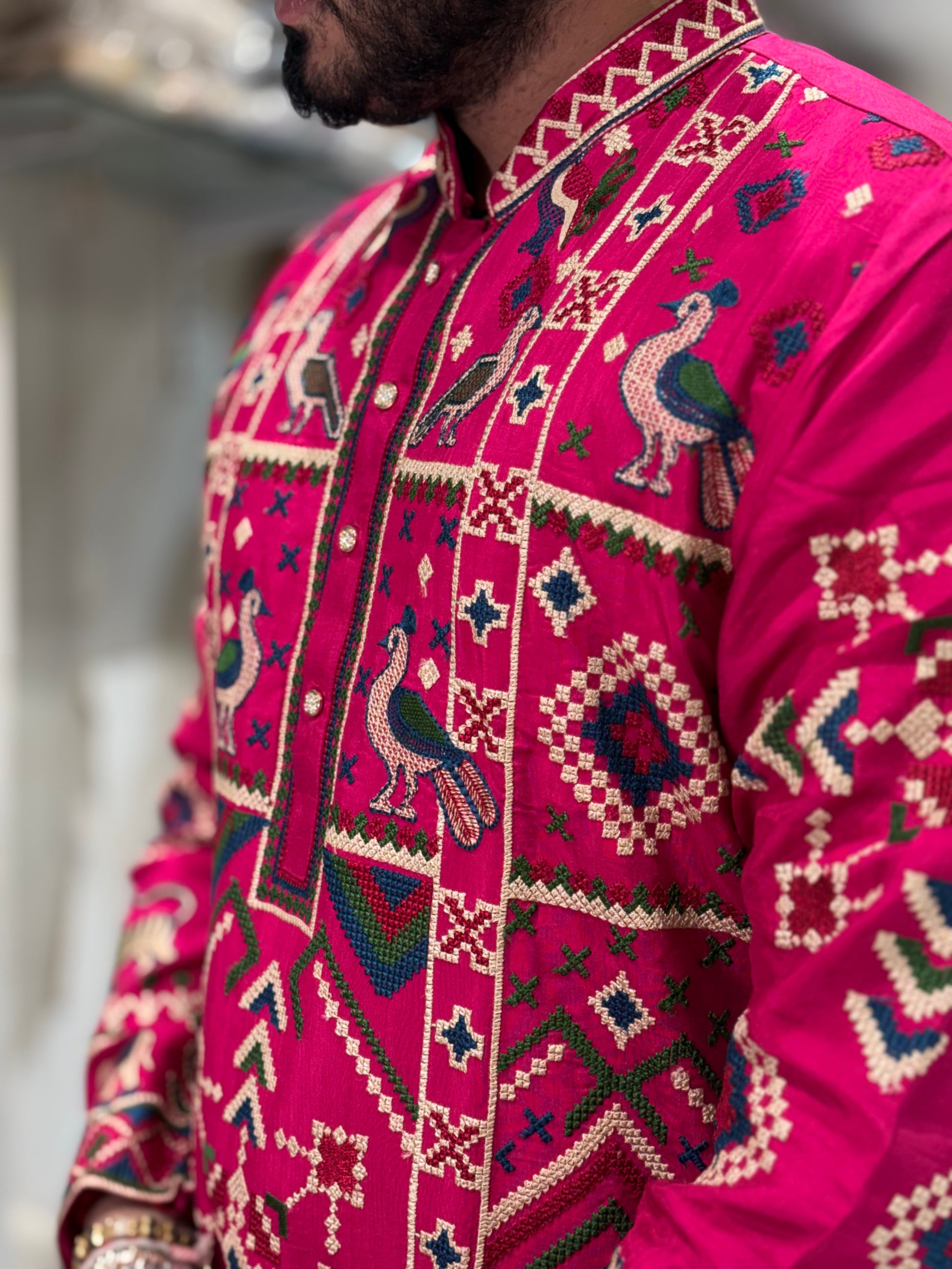 Premium Multicolour Embroidered Silk Kurta – Traditional Animal & Geometric Motif