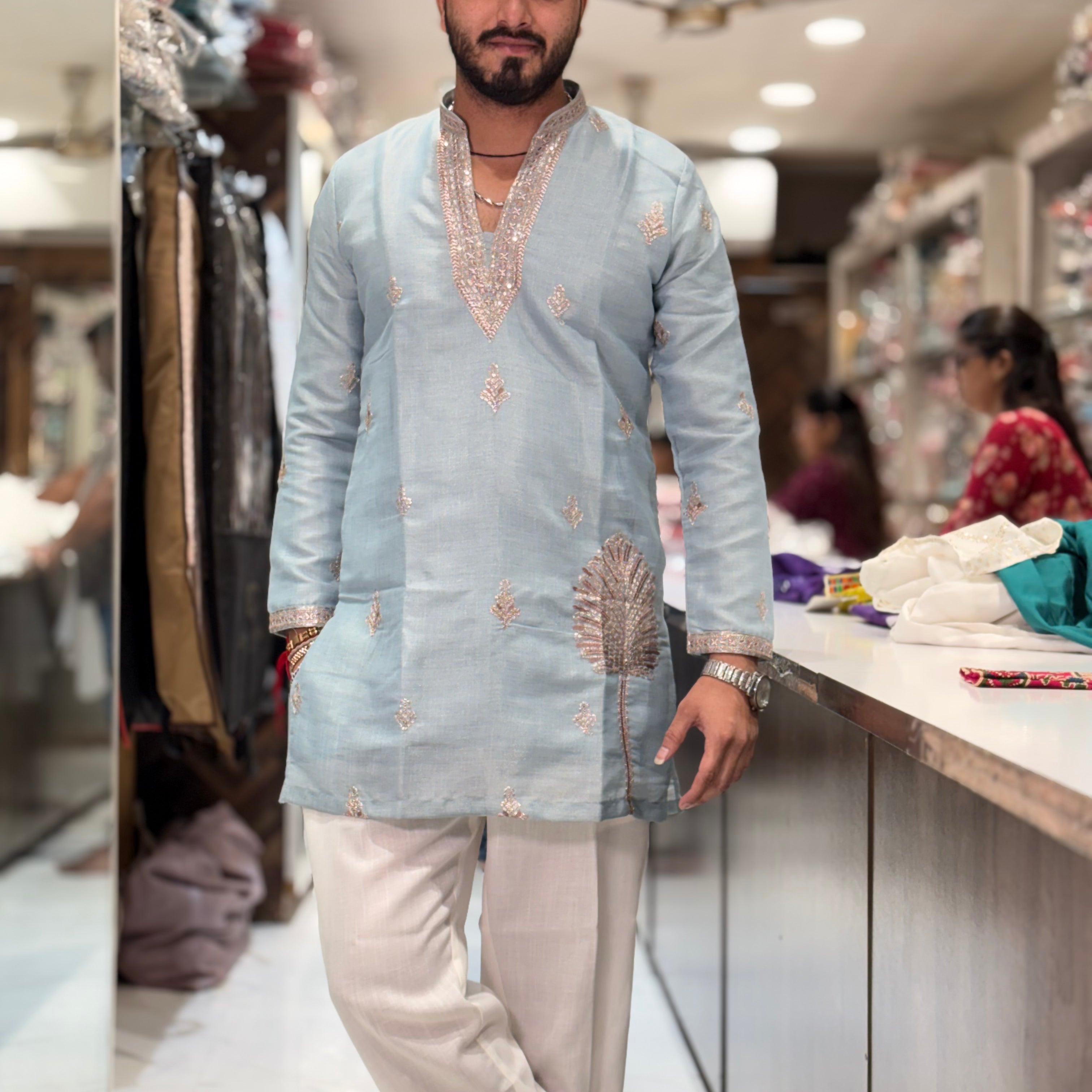 Premium Tissue Silk Embroidered Kurta with Golden Embroidery