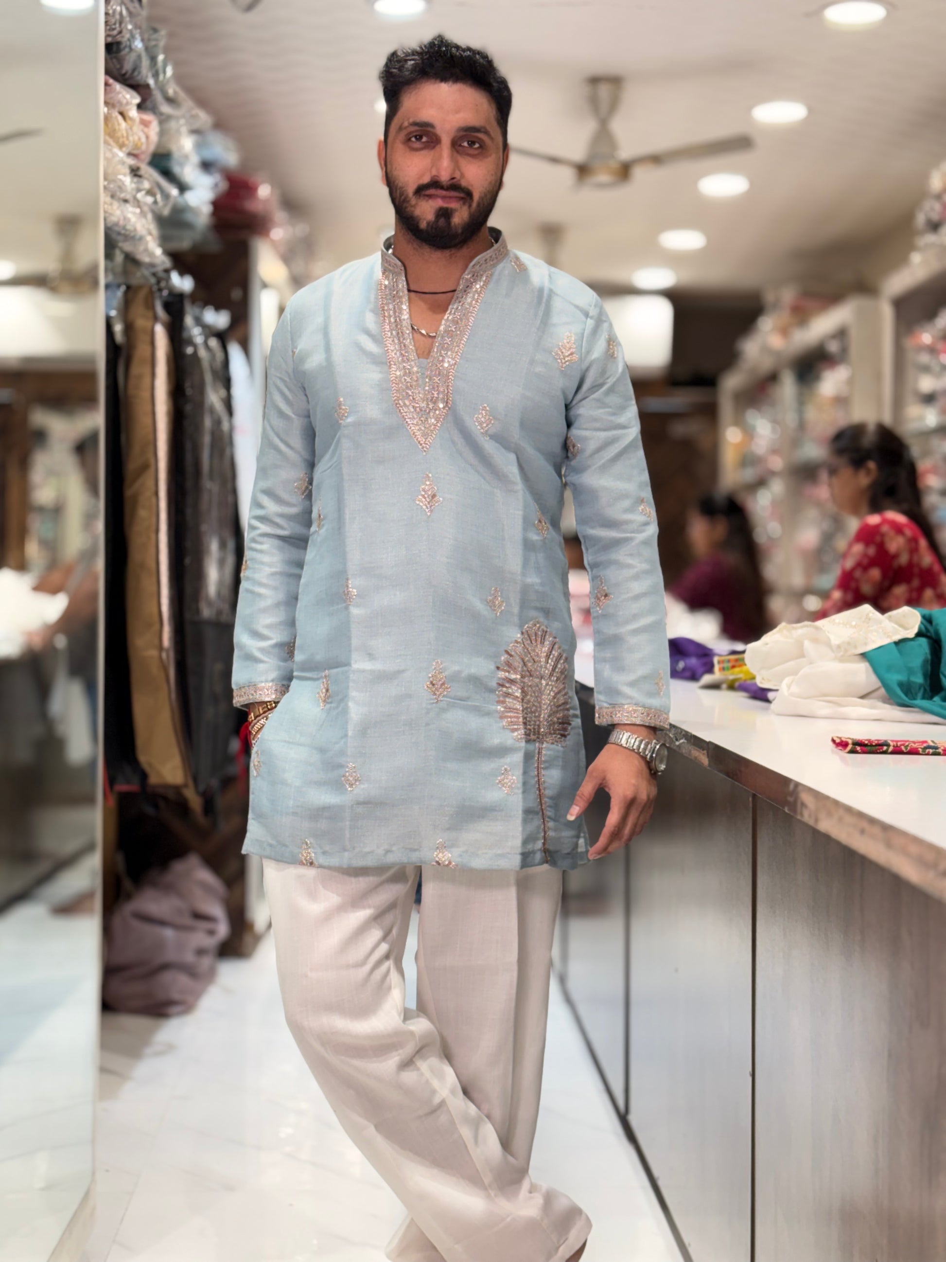 Premium Tissue Silk Embroidered Kurta with Golden Embroidery
