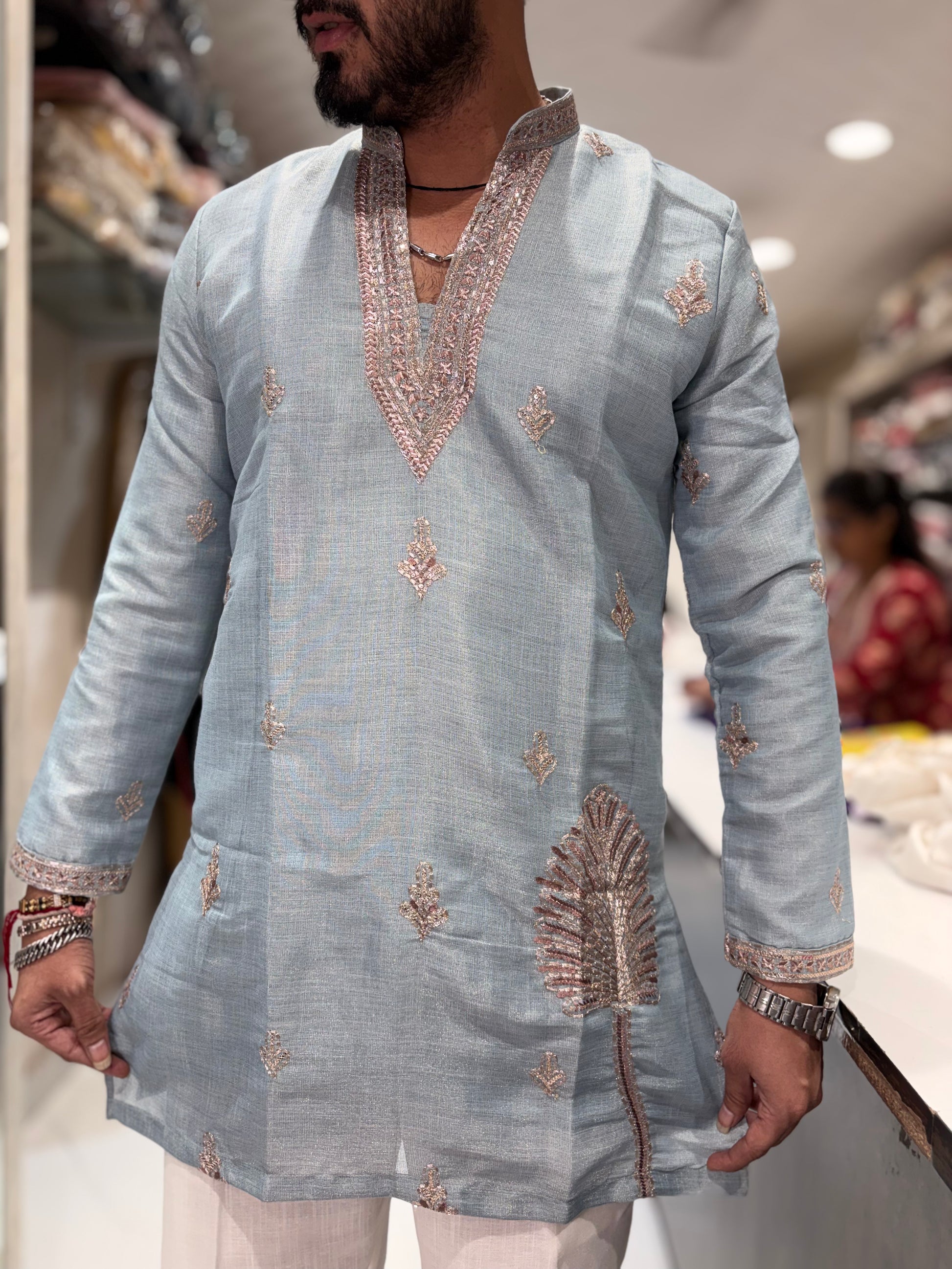 Premium Tissue Silk Embroidered Kurta with Golden Embroidery