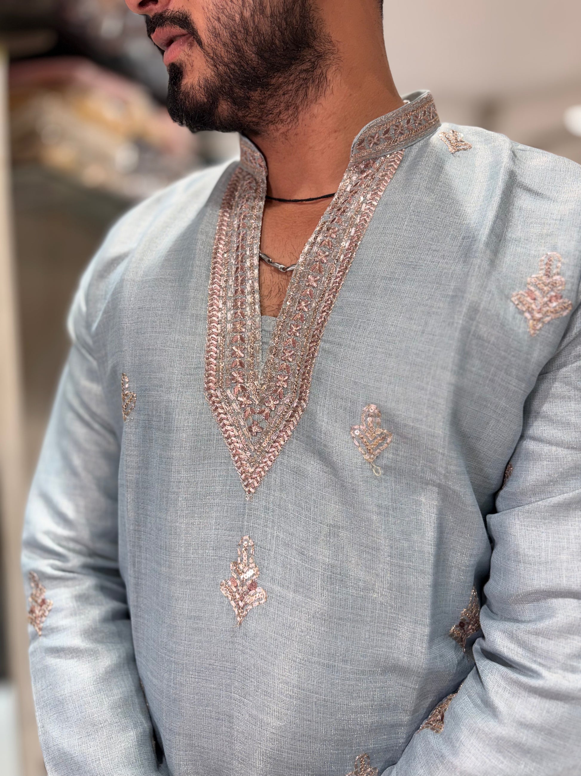 Premium Tissue Silk Embroidered Kurta with Golden Embroidery