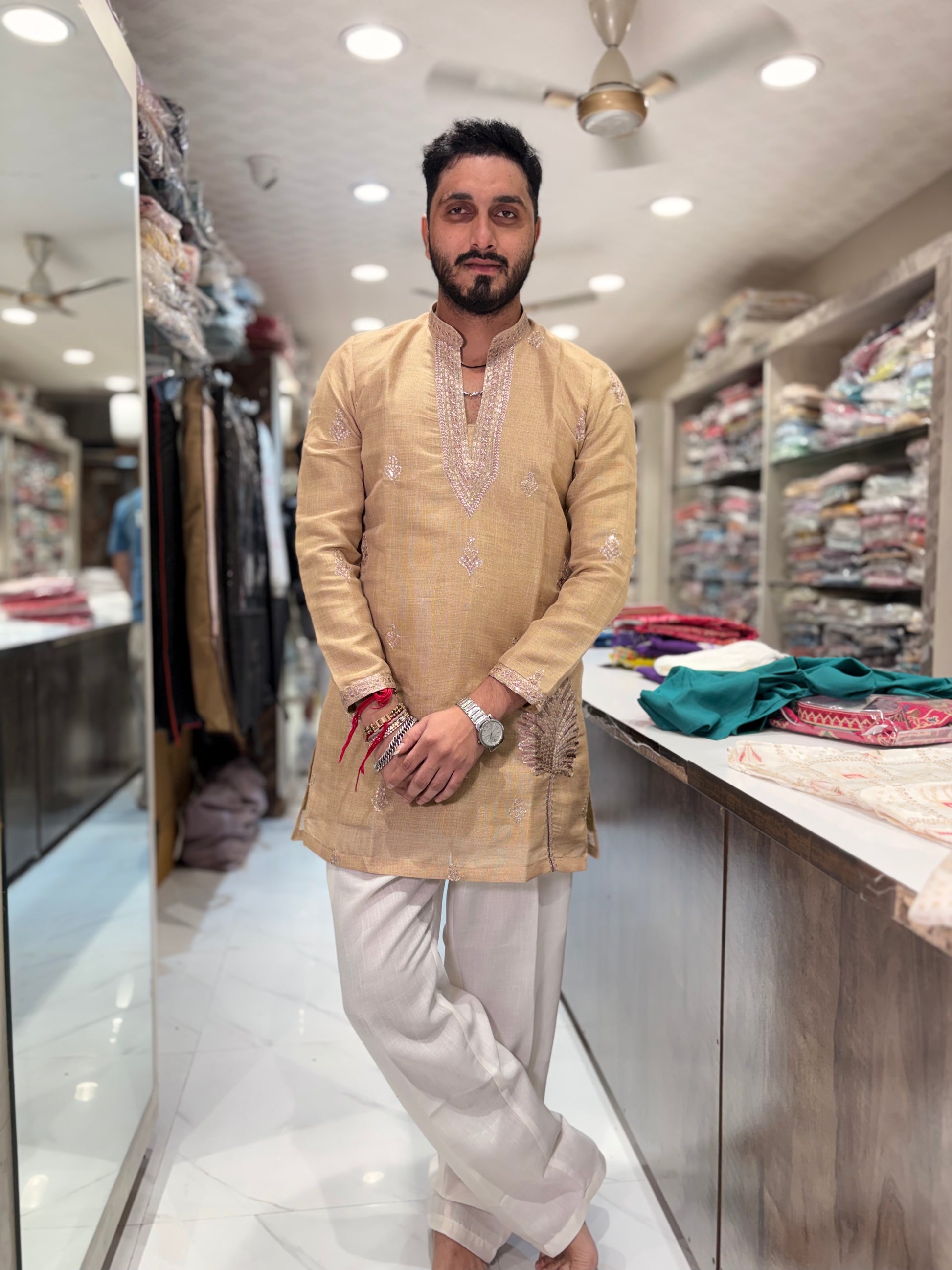 Premium Tissue Silk Embroidered Kurta with Golden Embroidery