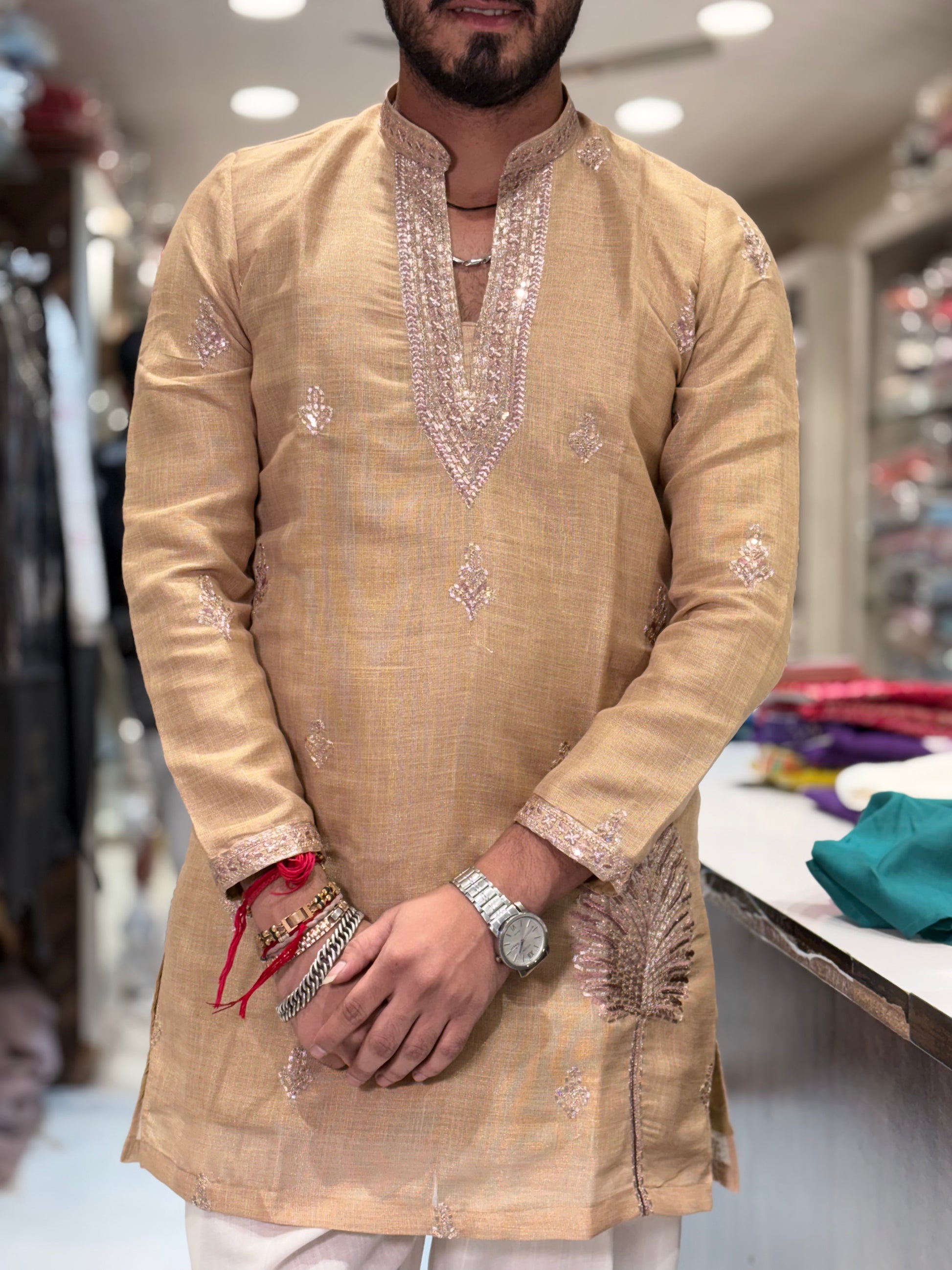 Premium Tissue Silk Embroidered Kurta with Golden Embroidery