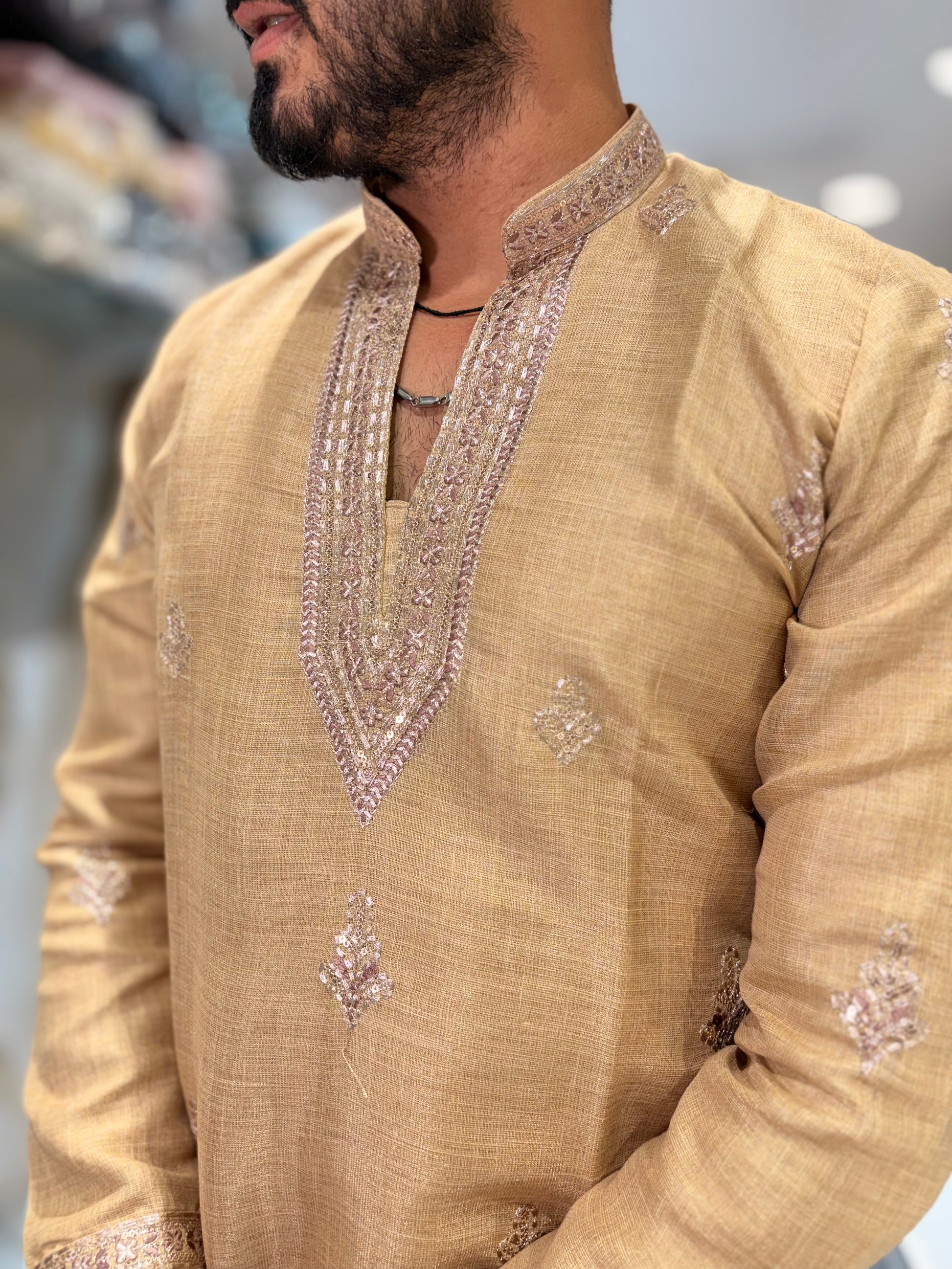 Premium Tissue Silk Embroidered Kurta with Golden Embroidery