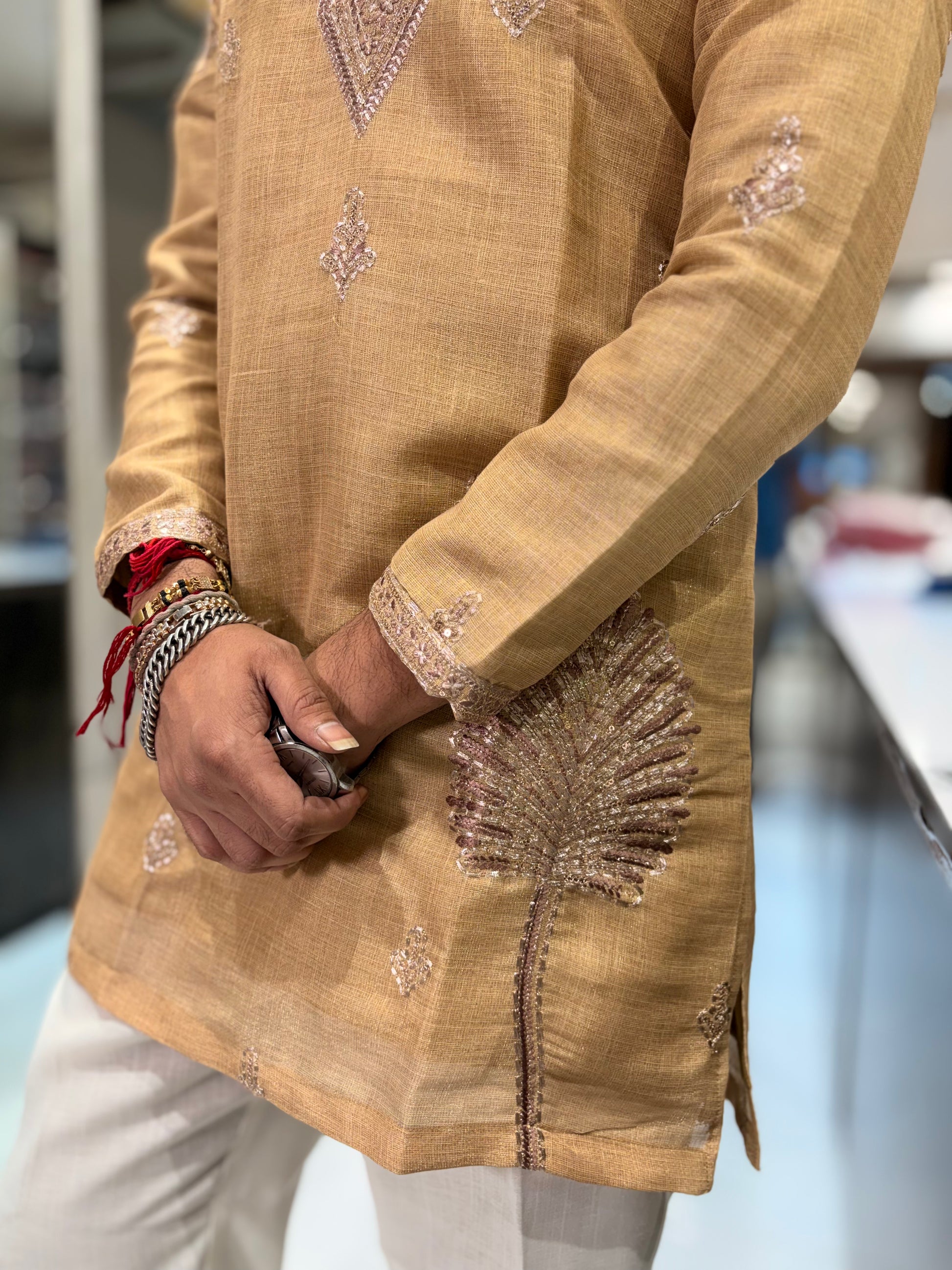 Premium Tissue Silk Embroidered Kurta with Golden Embroidery