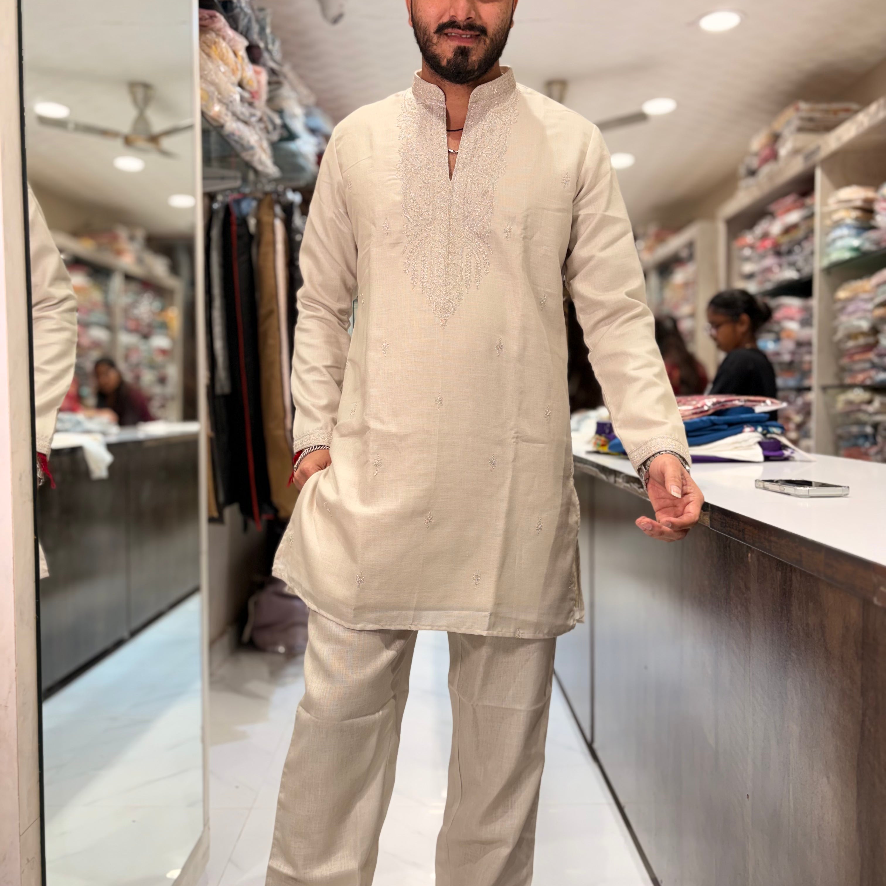 Premium Linen Embroidered Kurta with Matching Pant Set – Ivory