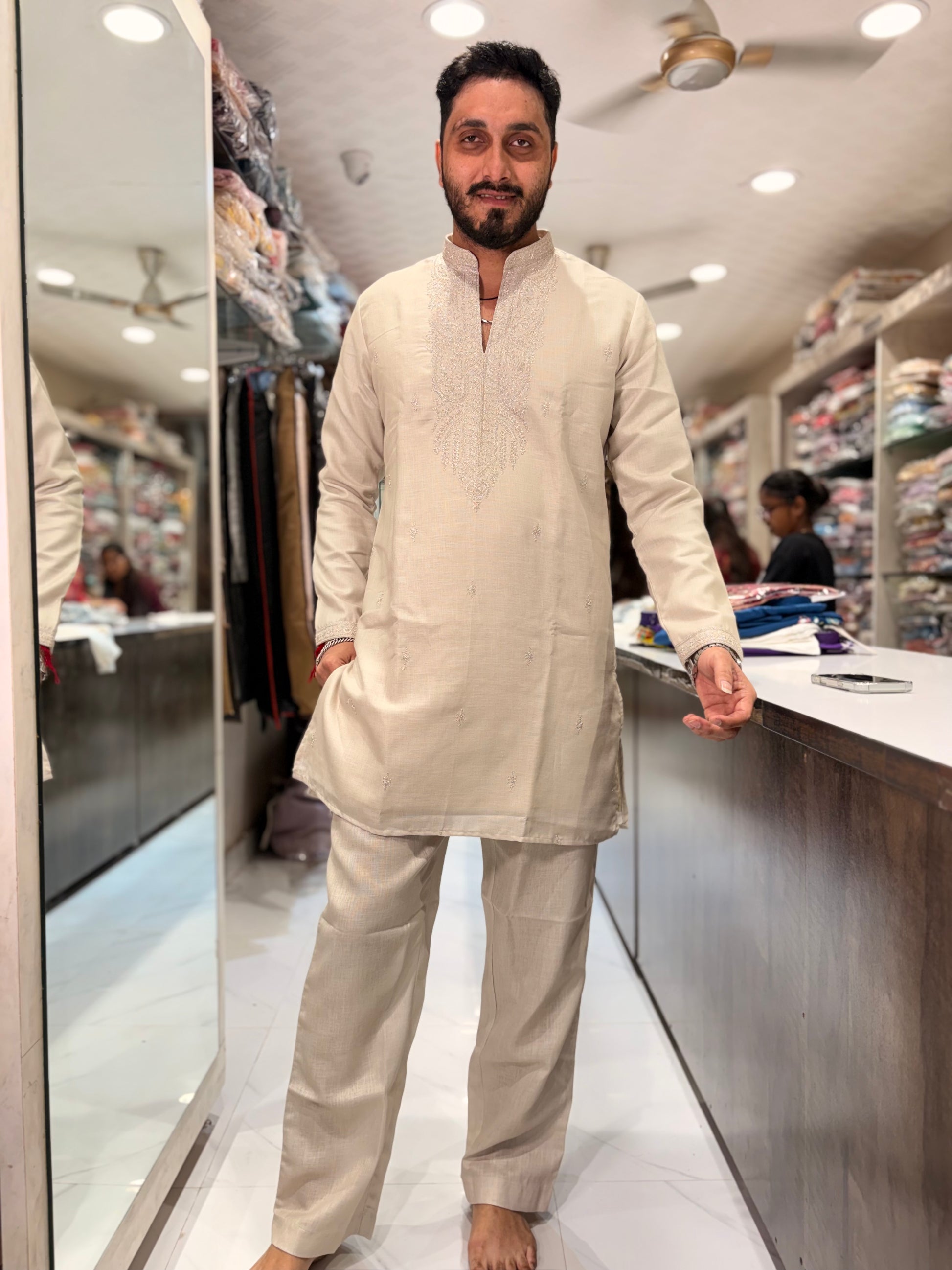 Premium Linen Embroidered Kurta with Matching Pant Set – Ivory