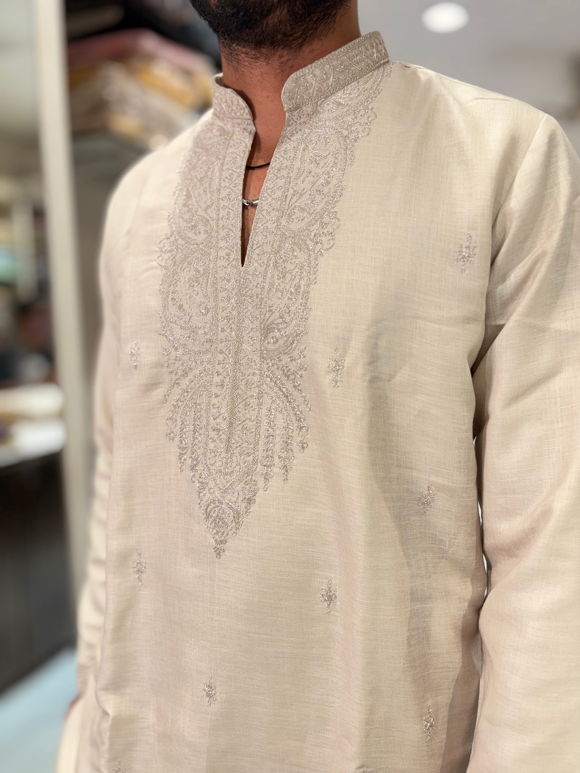 Premium Linen Embroidered Kurta with Matching Pant Set – Ivory