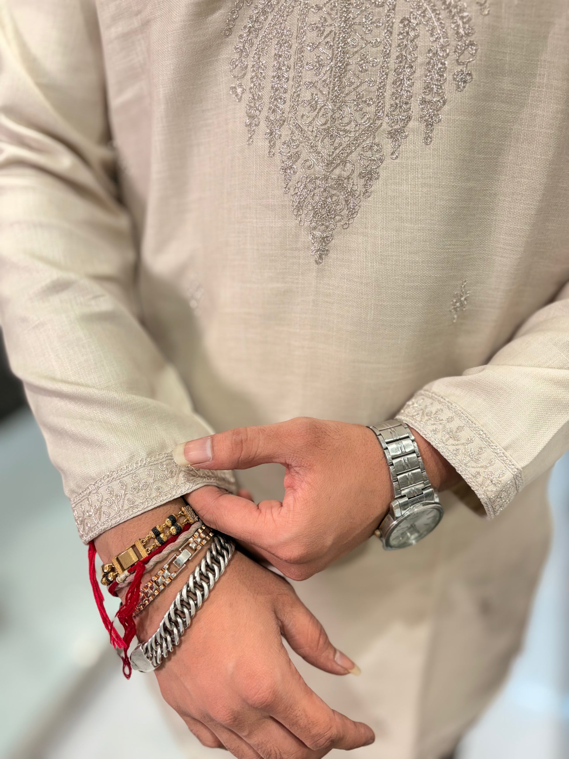 Premium Linen Embroidered Kurta with Matching Pant Set – Ivory