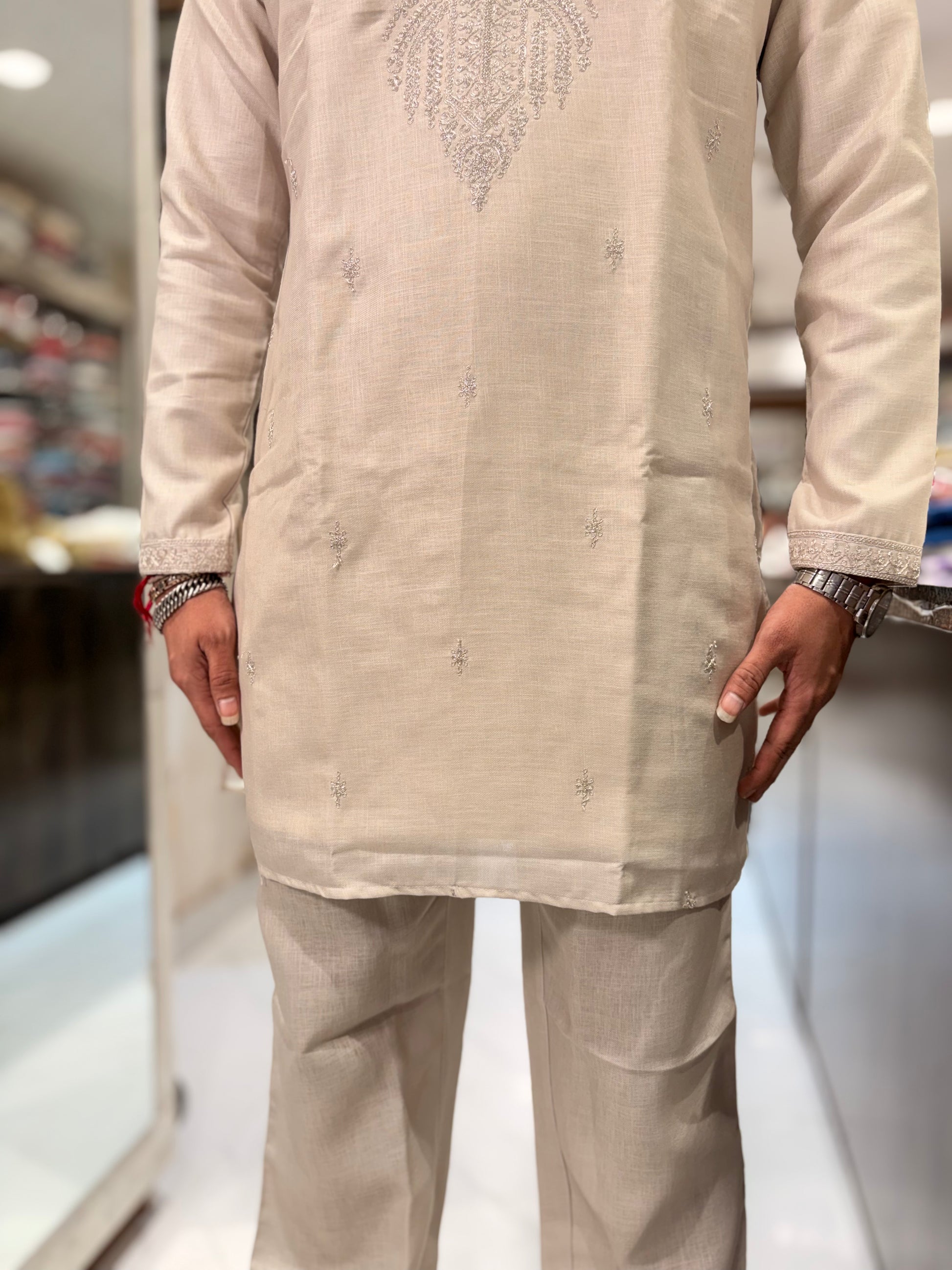 Premium Linen Embroidered Kurta with Matching Pant Set – Ivory