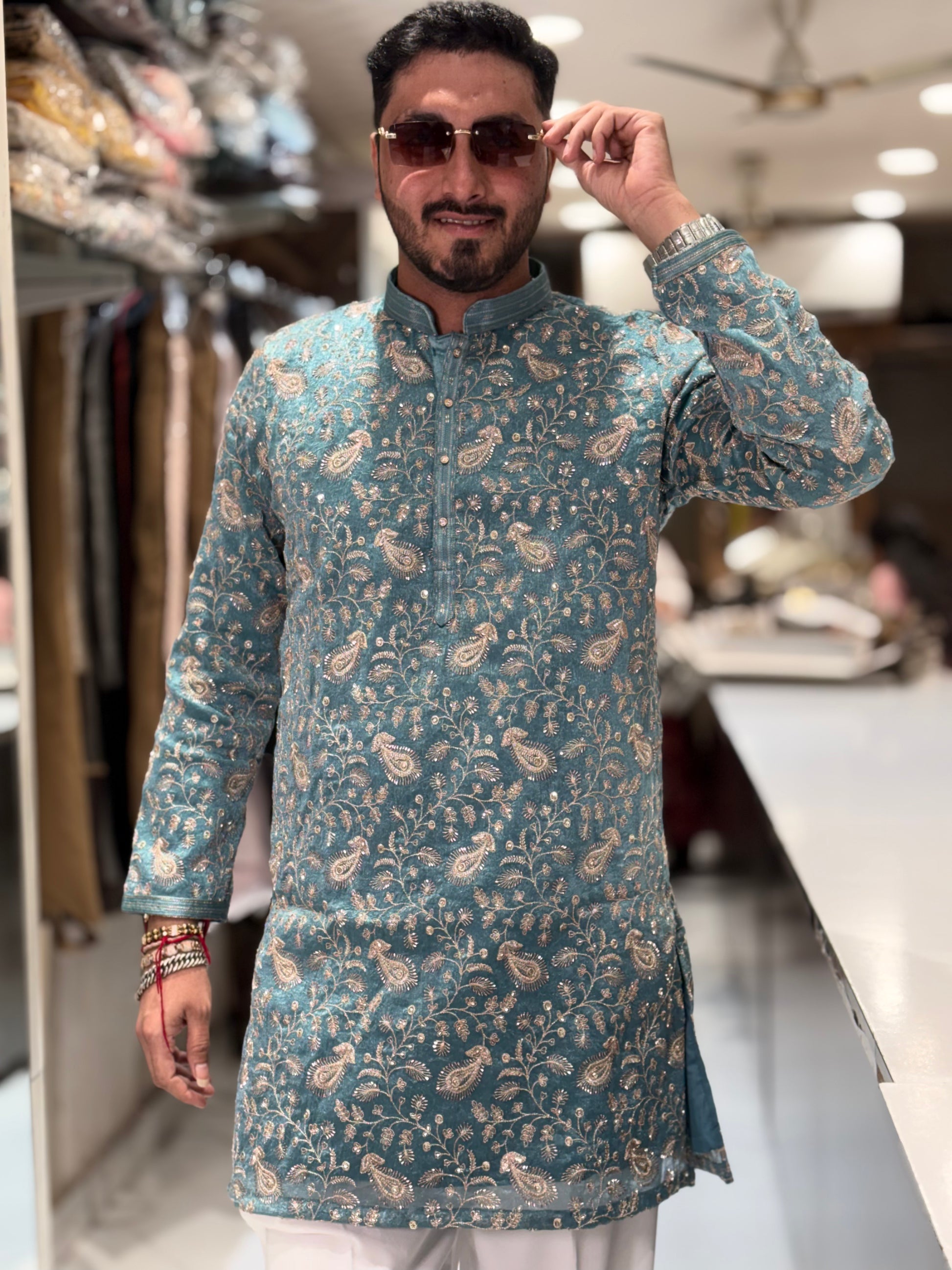 Premium Embroidered Silk Kurta with Intricate Paisley Floral Work