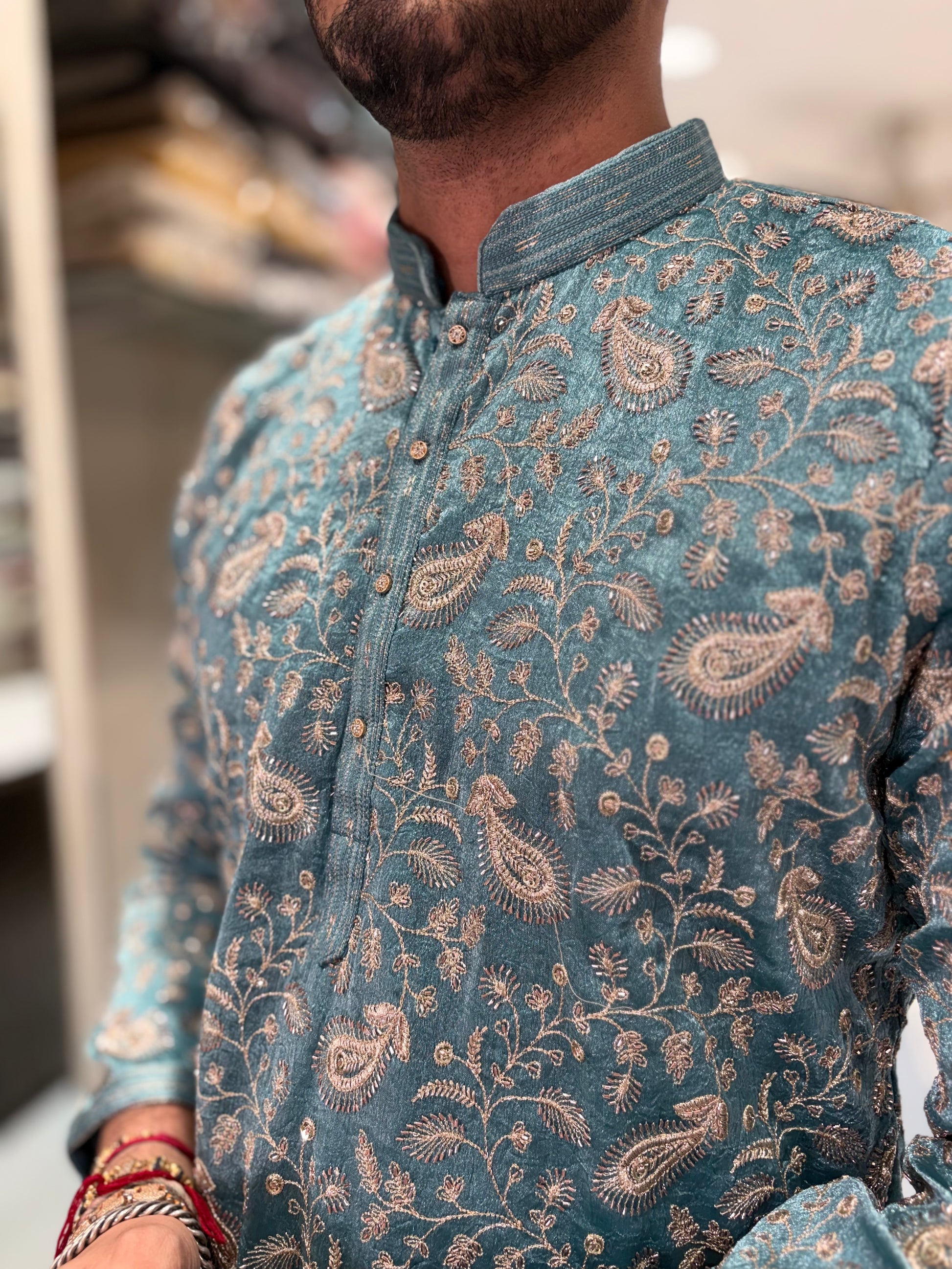 Premium Embroidered Silk Kurta with Intricate Paisley Floral Work