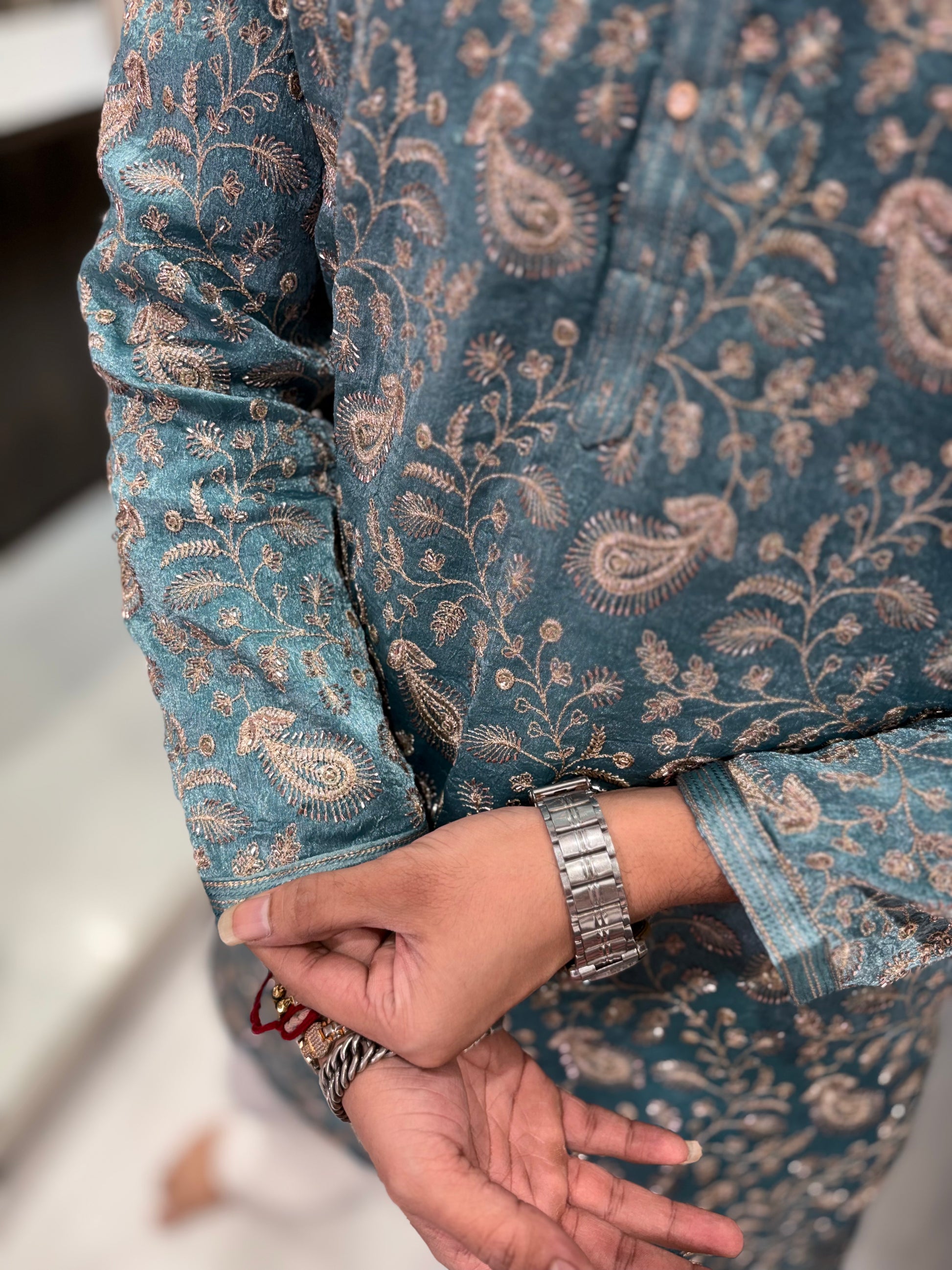 Premium Embroidered Silk Kurta with Intricate Paisley Floral Work